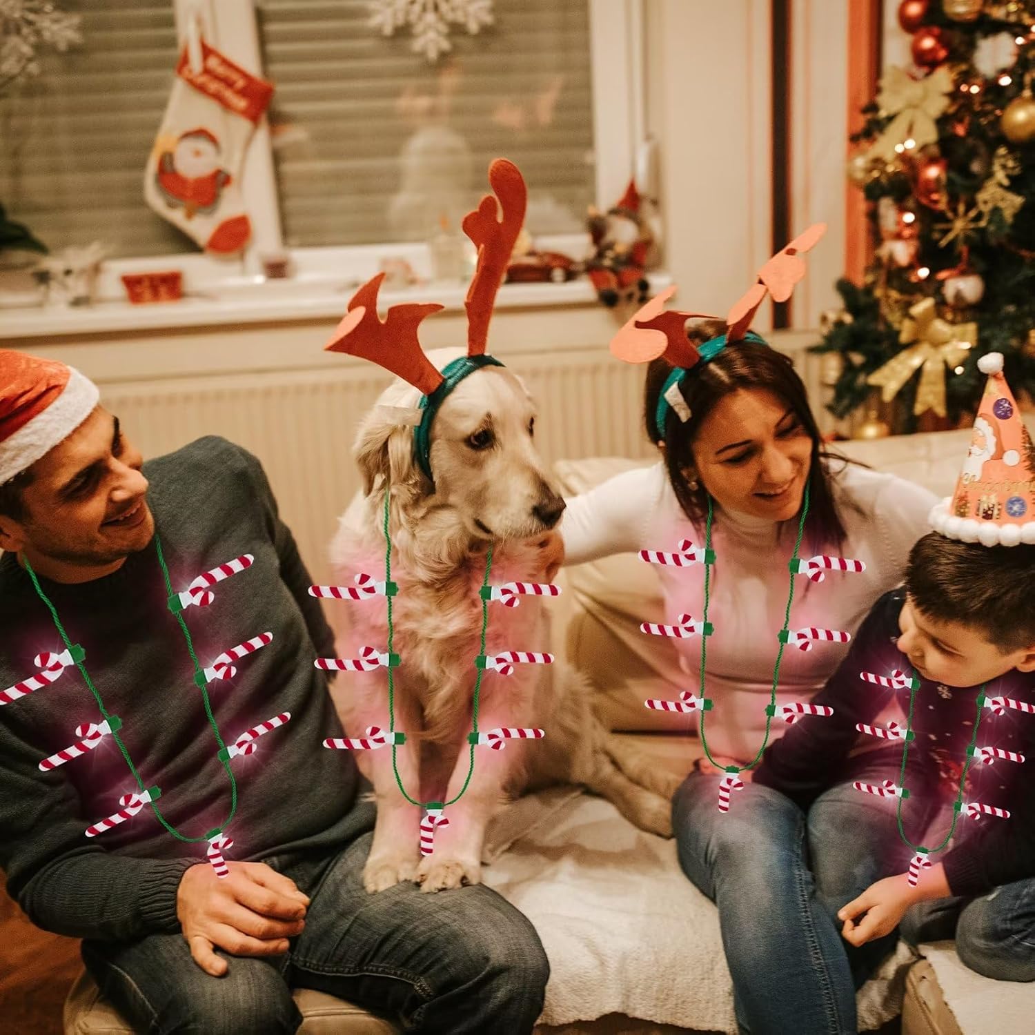 Collar de Navidad iluminado, 4 piezas de collar de Navidad con bastón de caramelo brillante para mujeres y hombres, collar de luz 3D con 7 colgantes