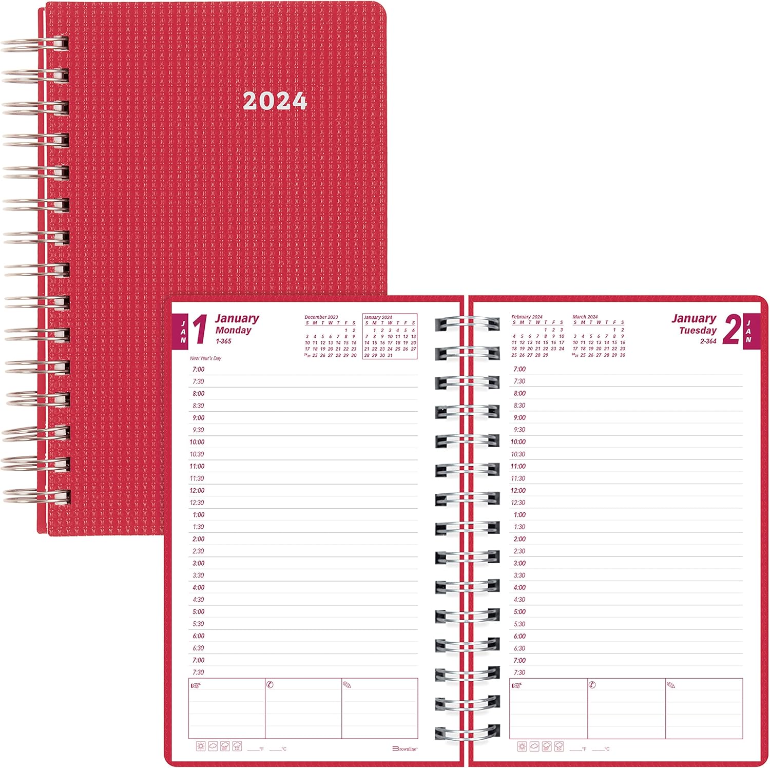 Brownline DuraFlex – Agenda diariamensual 2024, libro de citas, 12 meses, enero a diciembre, encuadernación de doble alambre, 8 x 5 pulgadas,