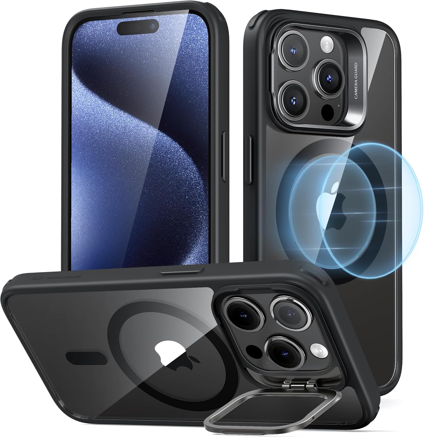 ESR Funda para iPhone 15 Pro, compatible con MagSafe, funda protectora de grado militar, funda para teléfono con soporte integrado, cubierta trasera