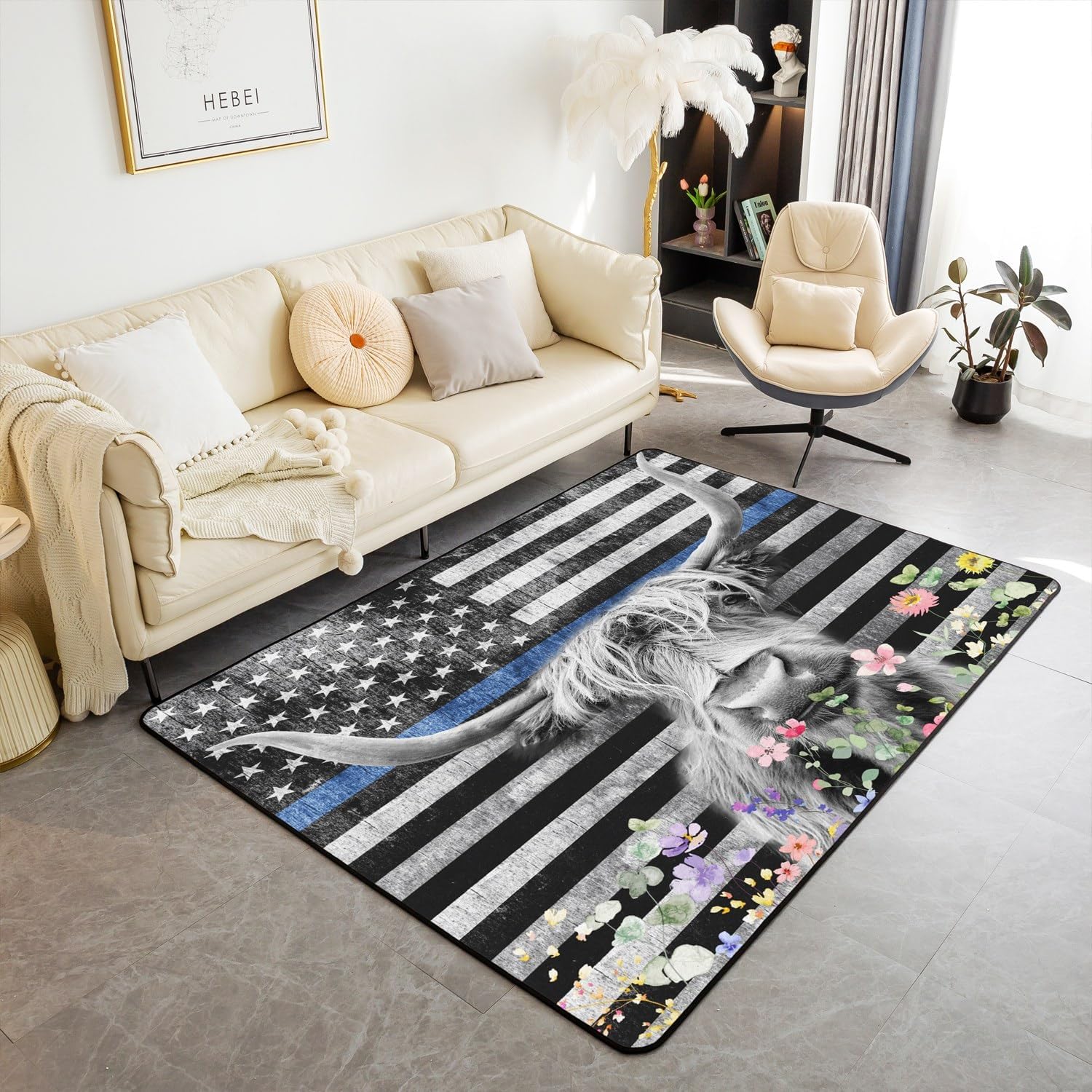 Highland – Alfombra decorativa de vaca de 5 x 7 pulgadas, diseño de bandera estadounidense, para niños y niñas, diseño floral, para sala de estar,