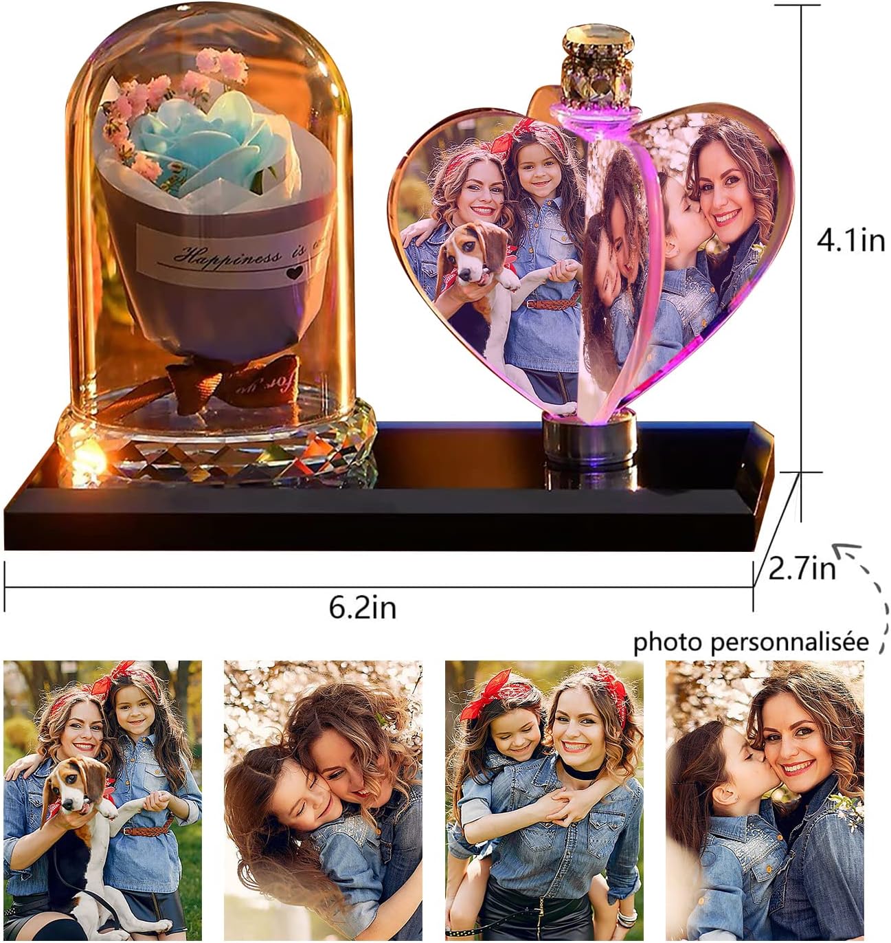 Marco de fotos personalizado en forma de corazón de cristal en forma de corazón de luz de noche de cristal Familia Bebé Madre Amante Daddy Day