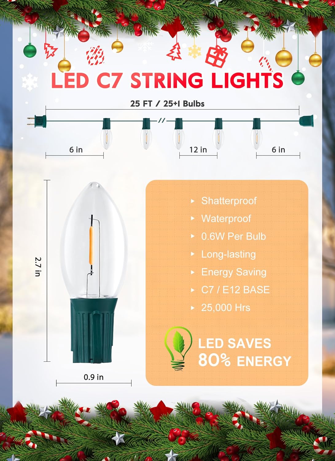 Luces de Navidad LED C7 de 50 pies, cadena de luces vintage para exteriores con 52 bombillas (2 de repuesto), luces de Navidad colgantes comerciales