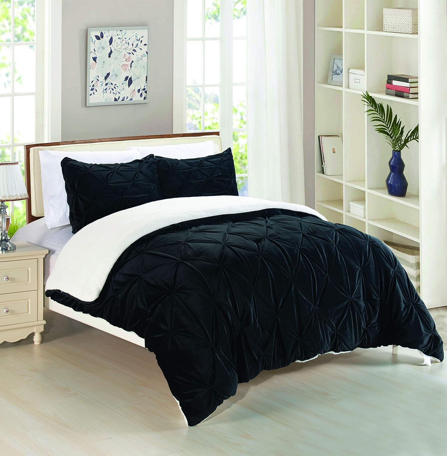Elegant Comfort Softest – Juego de edredón reversible de 3 piezas de microvisón de microvisón plisado y pellizco, tamaño KingCal King, color negro