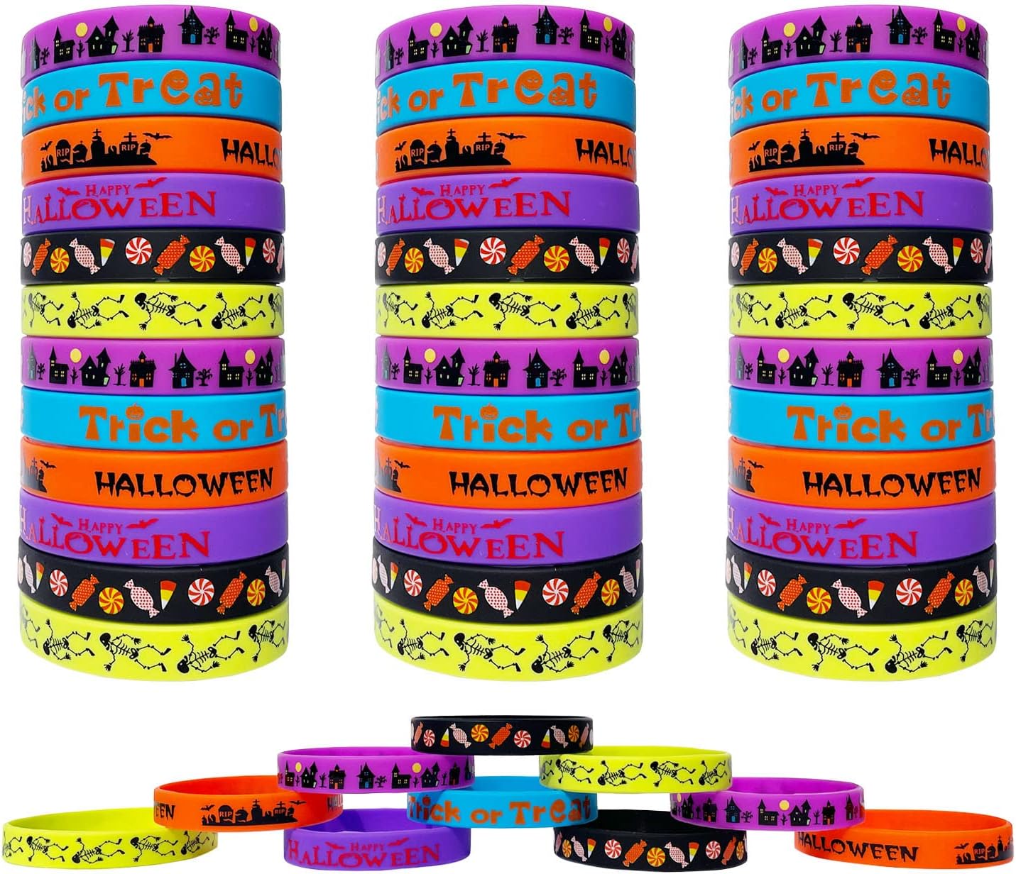 60 pulseras de silicona de Halloween para fiesta, pulsera de goma para regalo de truco o trato, regalos escolares, regalos de devolución, juguetes a