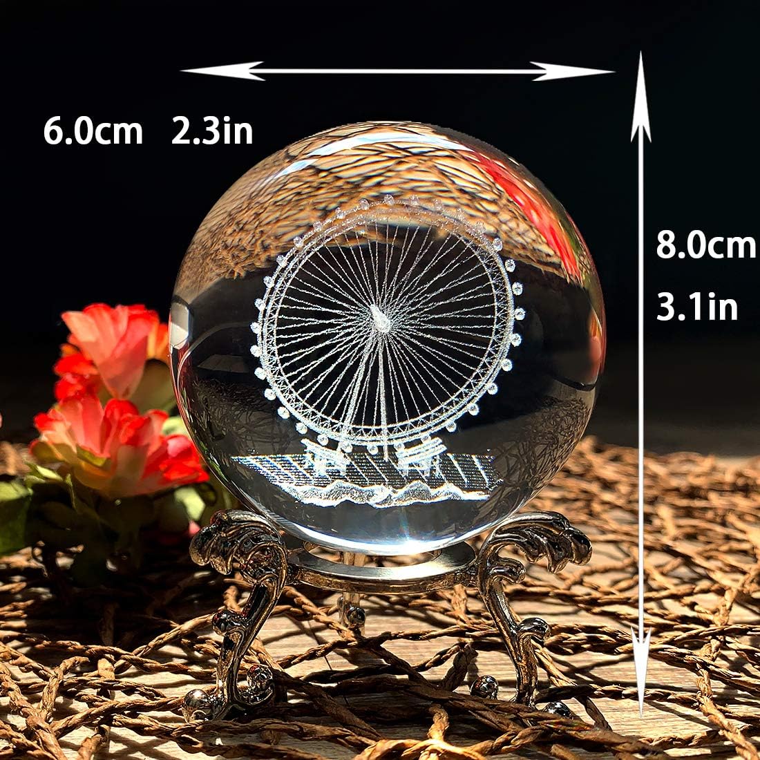 HDCRYSTALGIFTS Bola de cristal de 2.4 pulgadas (2.362 in) con soporte de floración chapado en plateado, bola de vidrio Fengshui para decoración del