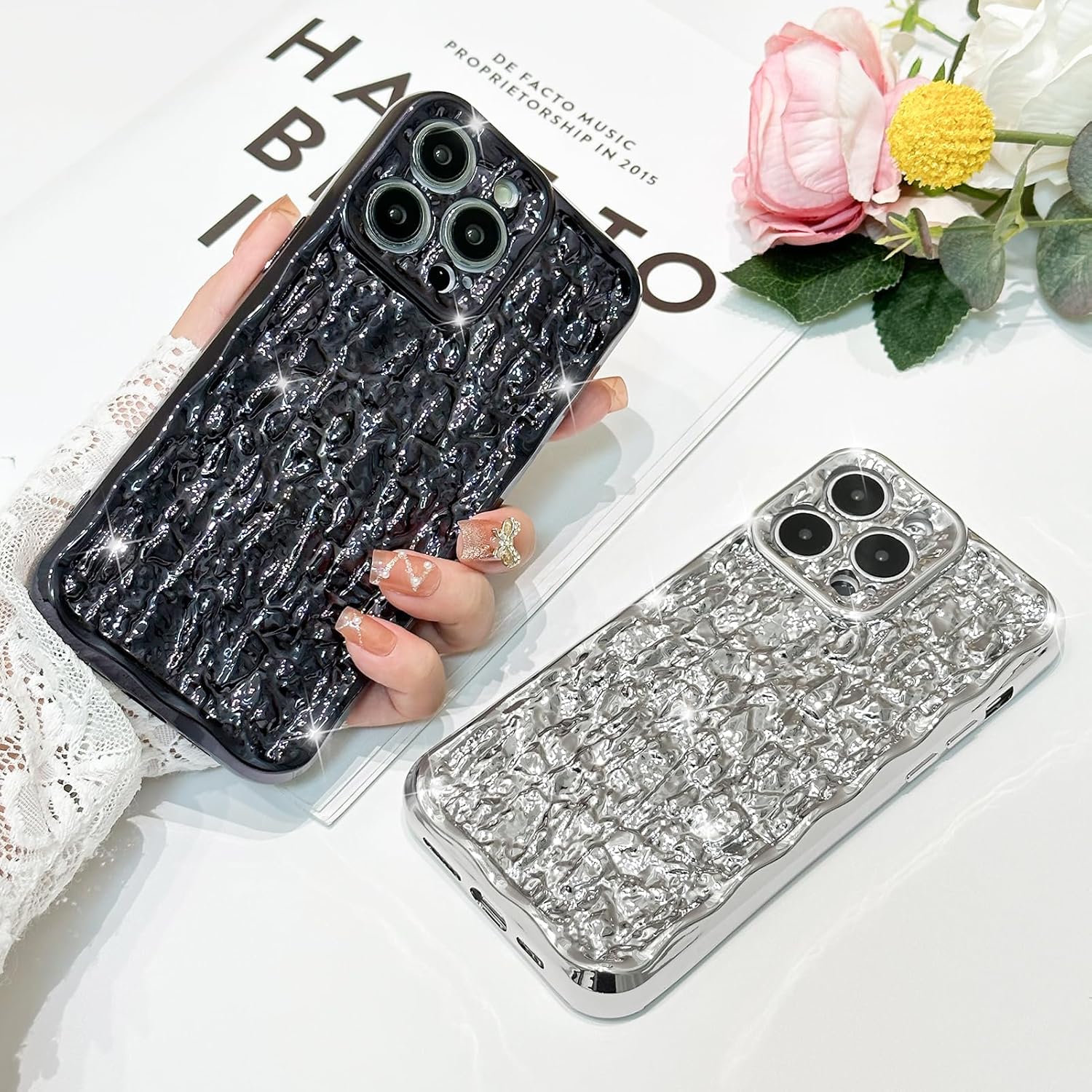 MZELQ Funda para iPhone 14 Pro Max, diseño de lujo, diseño de lámina, plisada, elegante, ondulada, para niñas y mujeres, galvanoplastia de