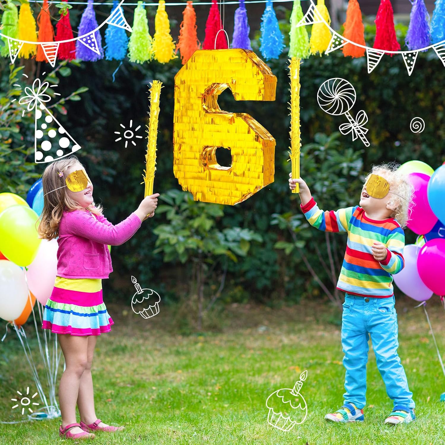 Piñata de número de lámina dorada de 16 x 11 x 3 pulgadas, piñata pequeña con palo de 15.7 pulgadas, confeti dorado para niños, niñas, decoraciones