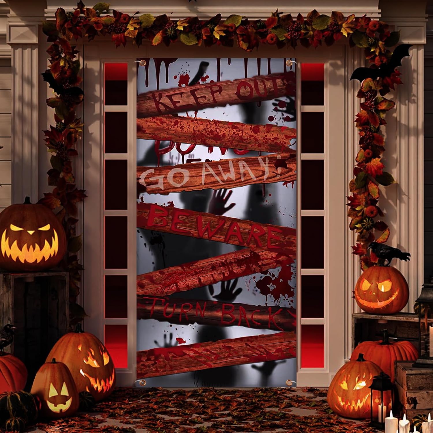 Large Halloween Zombie Door Cover, 35X73 Inch Bloody Handprint Halloween Front Door Cover Decoration Shadowy Figure Halloween Poster Scary Haunted
