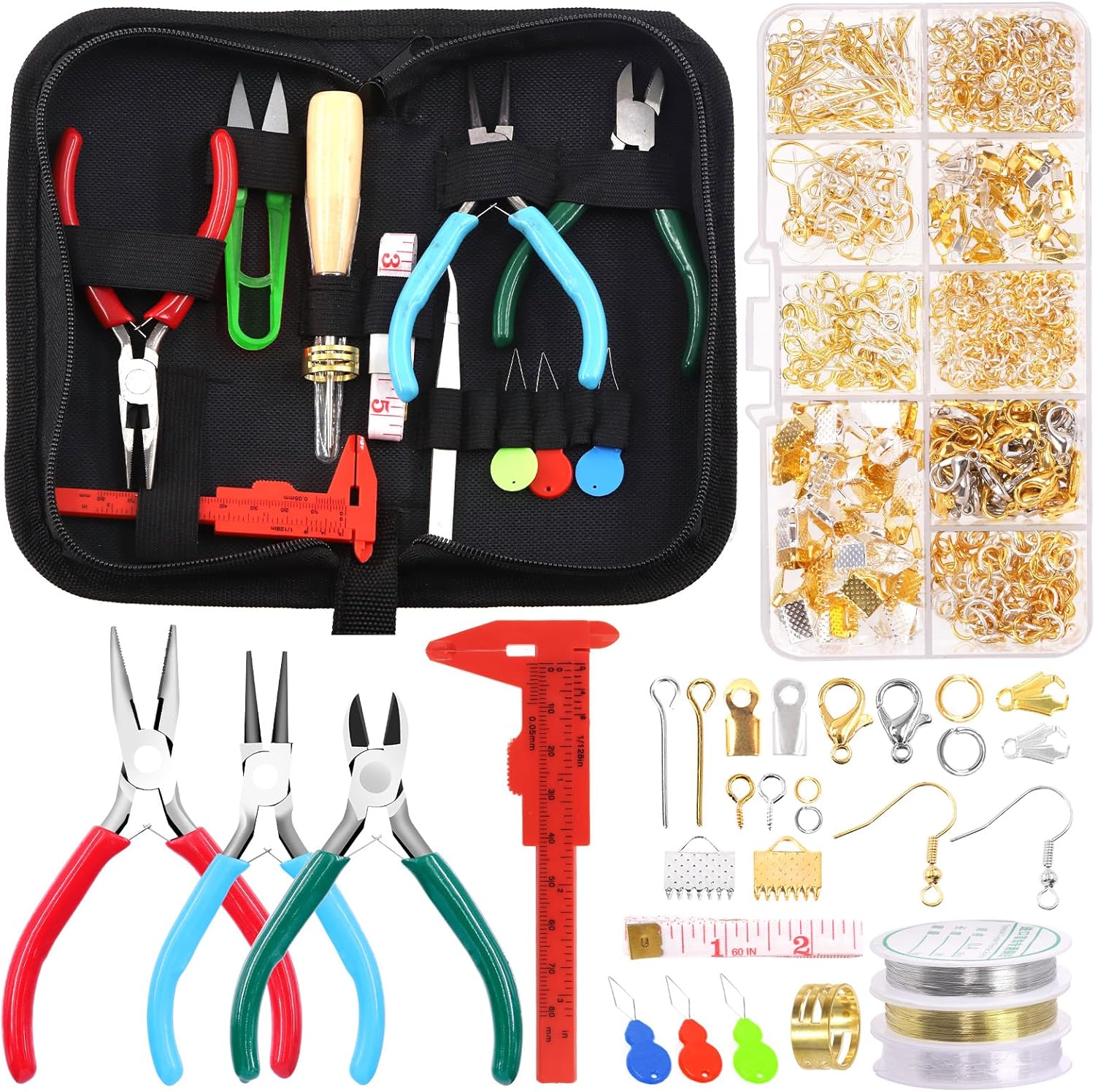 Swpeet Kit de 1589 piezas de suministros para hacer joyas con herramientas de fabricación de joyas, 3 colores, alicates de joyería, múltiples