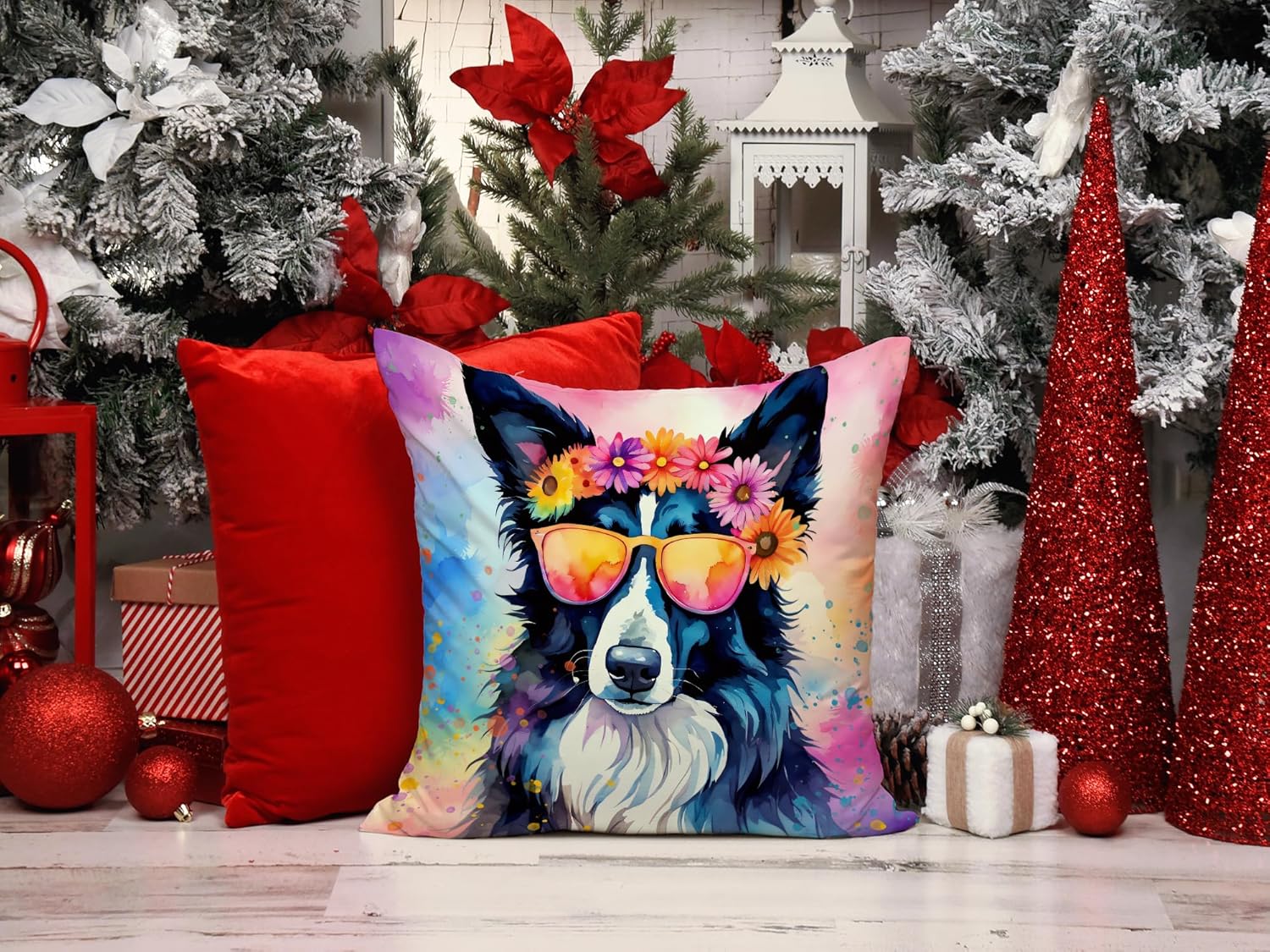 Caroline’s Treasures DAC2466PW1414 Border Collie Hippie Dawg – Almohada decorativa de tela, lavable a máquina, almohada decorativa para interiores y