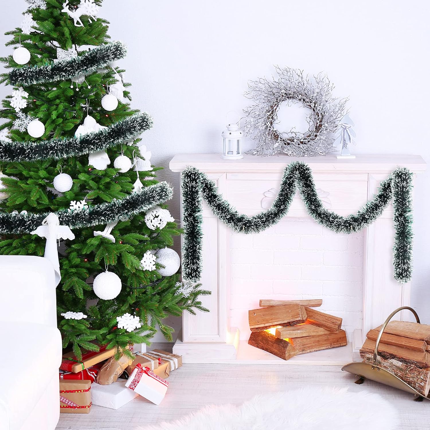 Waydress 2 guirnaldas de oropel verde oscuro para decoración de árbol de Navidad, guirnalda metálica de nieve blanca, serpentinas colgantes para