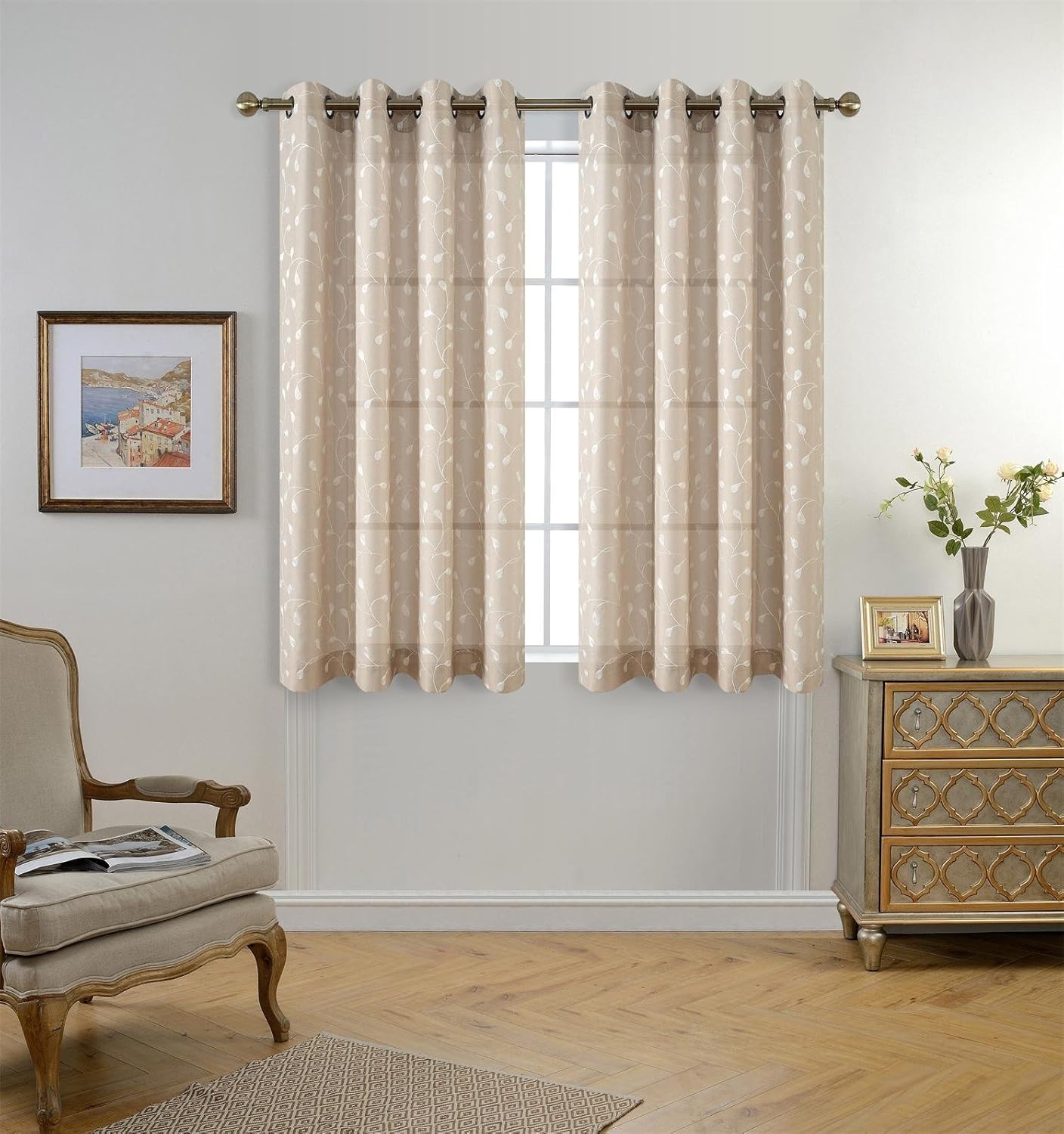 Miuco – Cortinas con ojales de lino sintético, semitransparentes, bordadas con flores, para sala de estar