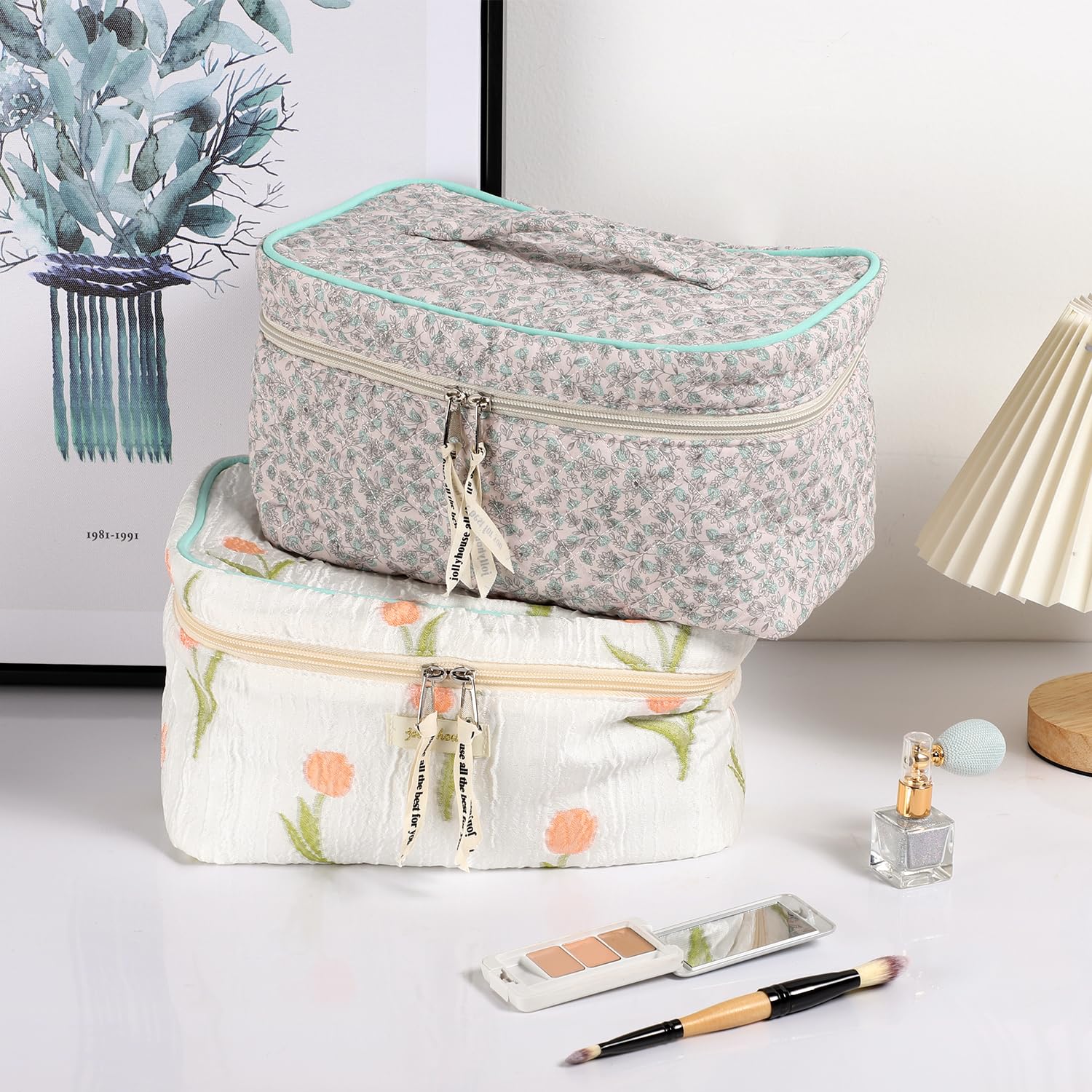 Sightor Bolsa de maquillaje de algodón, bolsa acolchada para cosméticos con asa, bolsa de aseo de viaje de gran capacidad para mujer, bonita bolsa