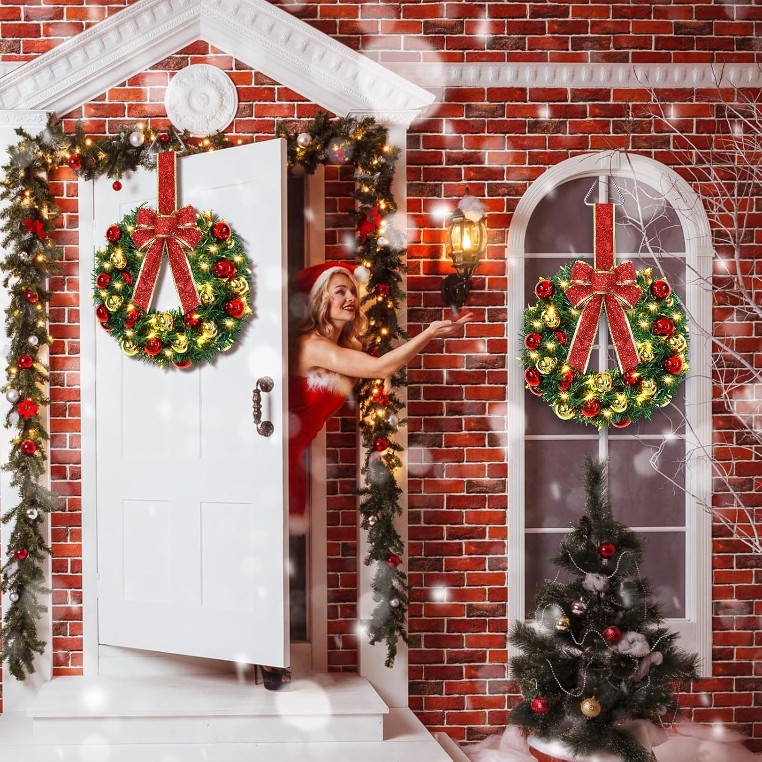 8 coronas de Navidad pequeñas iluminadas de 13.8 pulgadas, corona de aguja de pino artificial de Navidad con lazo grande, funciona con pilas,