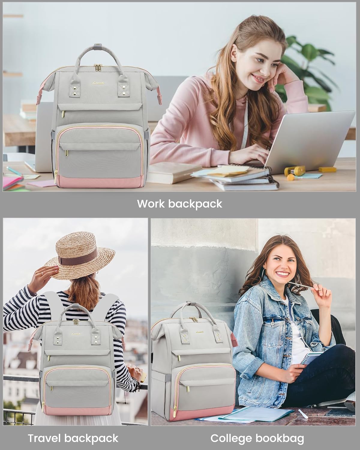 LOVEVOOK Mochila para laptop para mujer, 15.6 pulgadas de ancho abierto, mochila de viaje para mujer, con puerto USB, impermeable, para profesores,