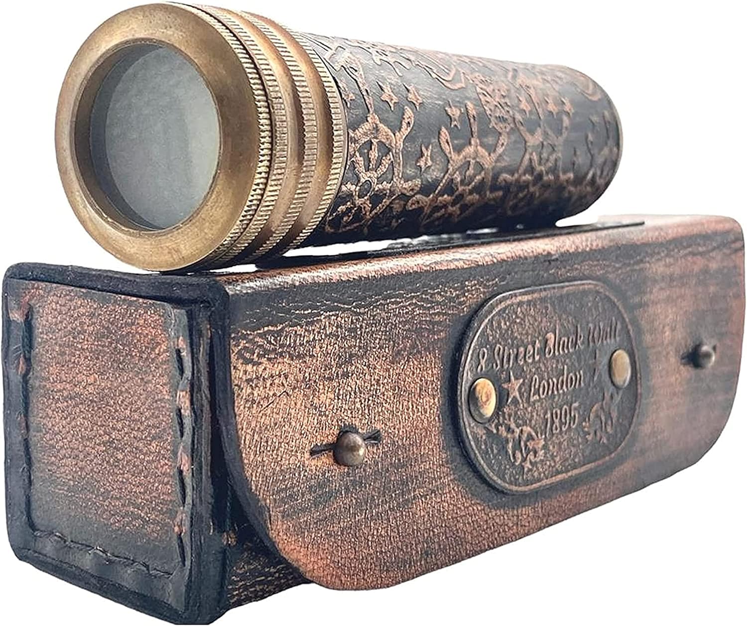 Custom Vintage Replicaz Caleidoscopio de latón antiguo con cubierta de cuero y caja, hecho a mano, aspecto vintage, acabado antiguo, lente de