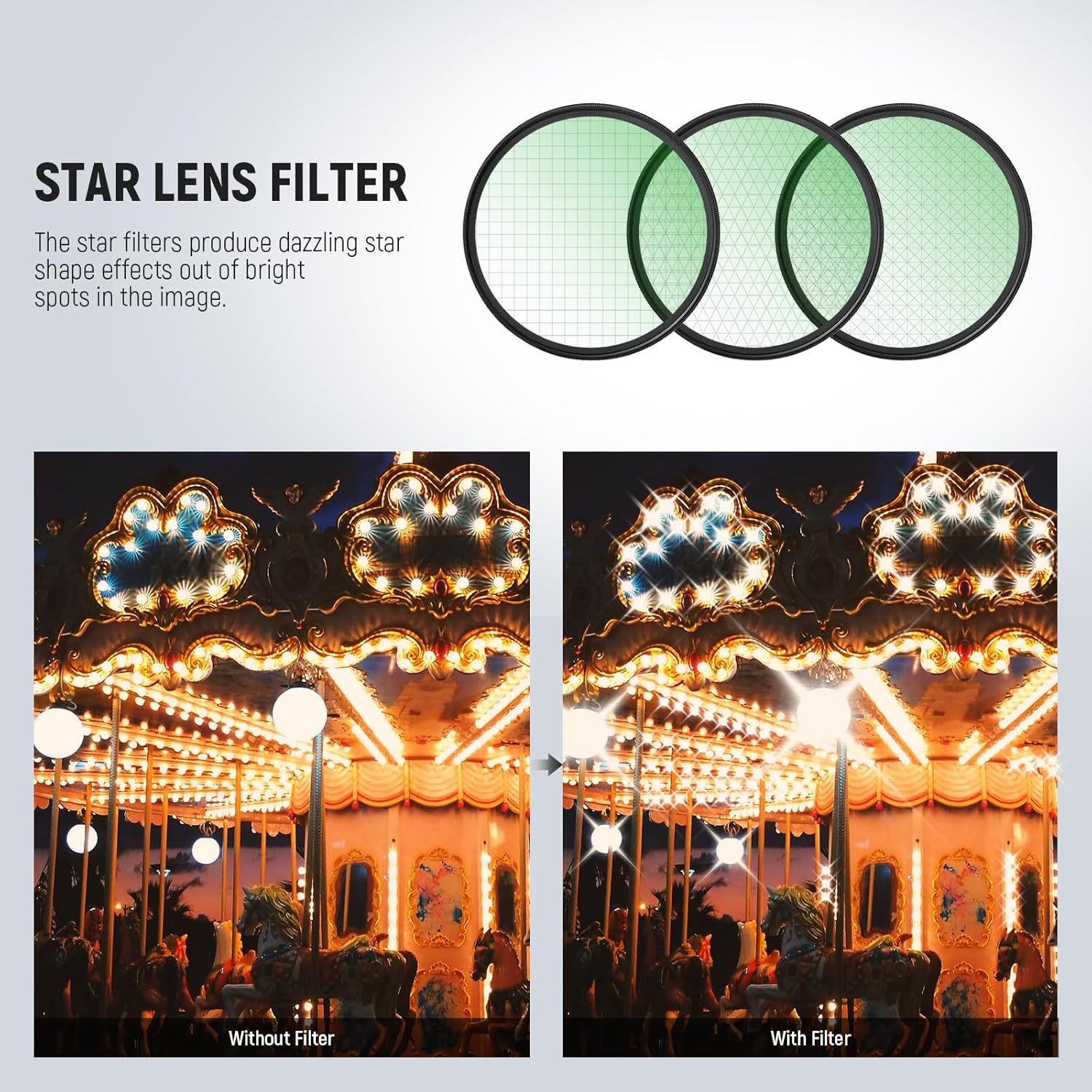 NEEWER 3 filtros de estrella de 1.92 pulgadas, filtro ajustable de efecto estrella de pantalla cruzada (4, 6, 8 puntos) con marco de aleación de