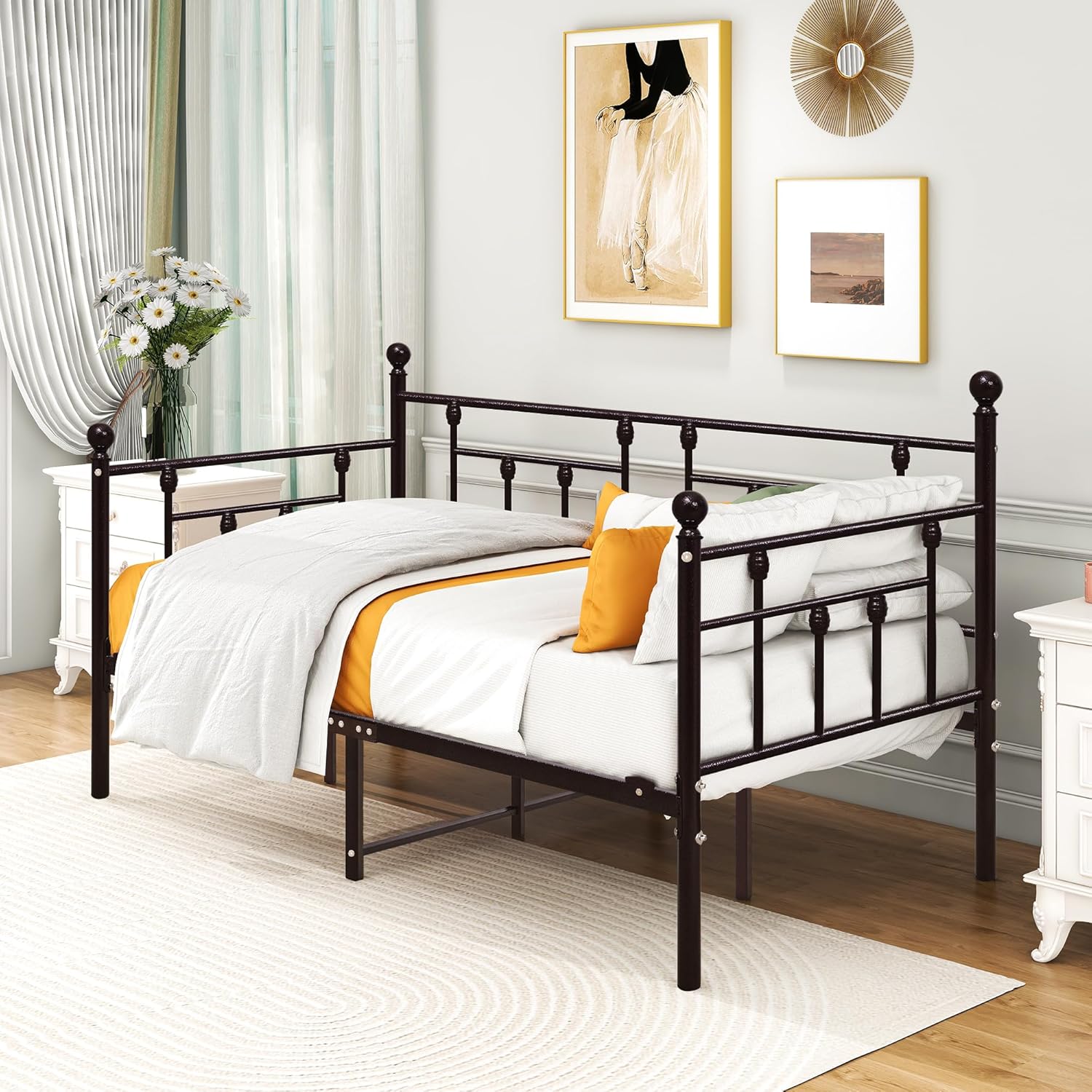 Juego de cama corrediza y marco de metal de alta calidad con listones de acero de primera calidad, sofá cama y sofá cama enrollable (marrón,