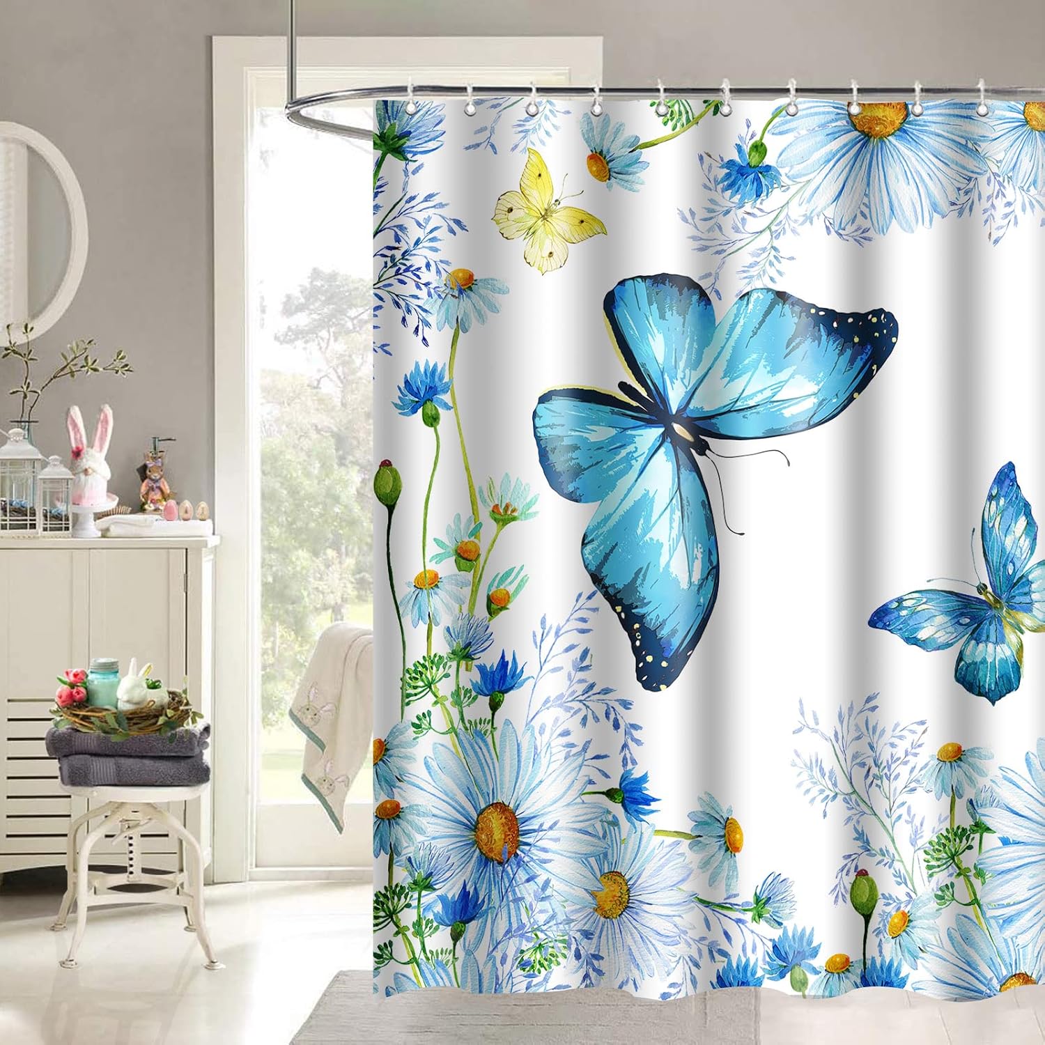 Cortina de ducha de mariposa de 72 x 72 pulgadas, cortina de ducha de flores silvestres azules, margaritas y mariposas, cortina de ducha floral de