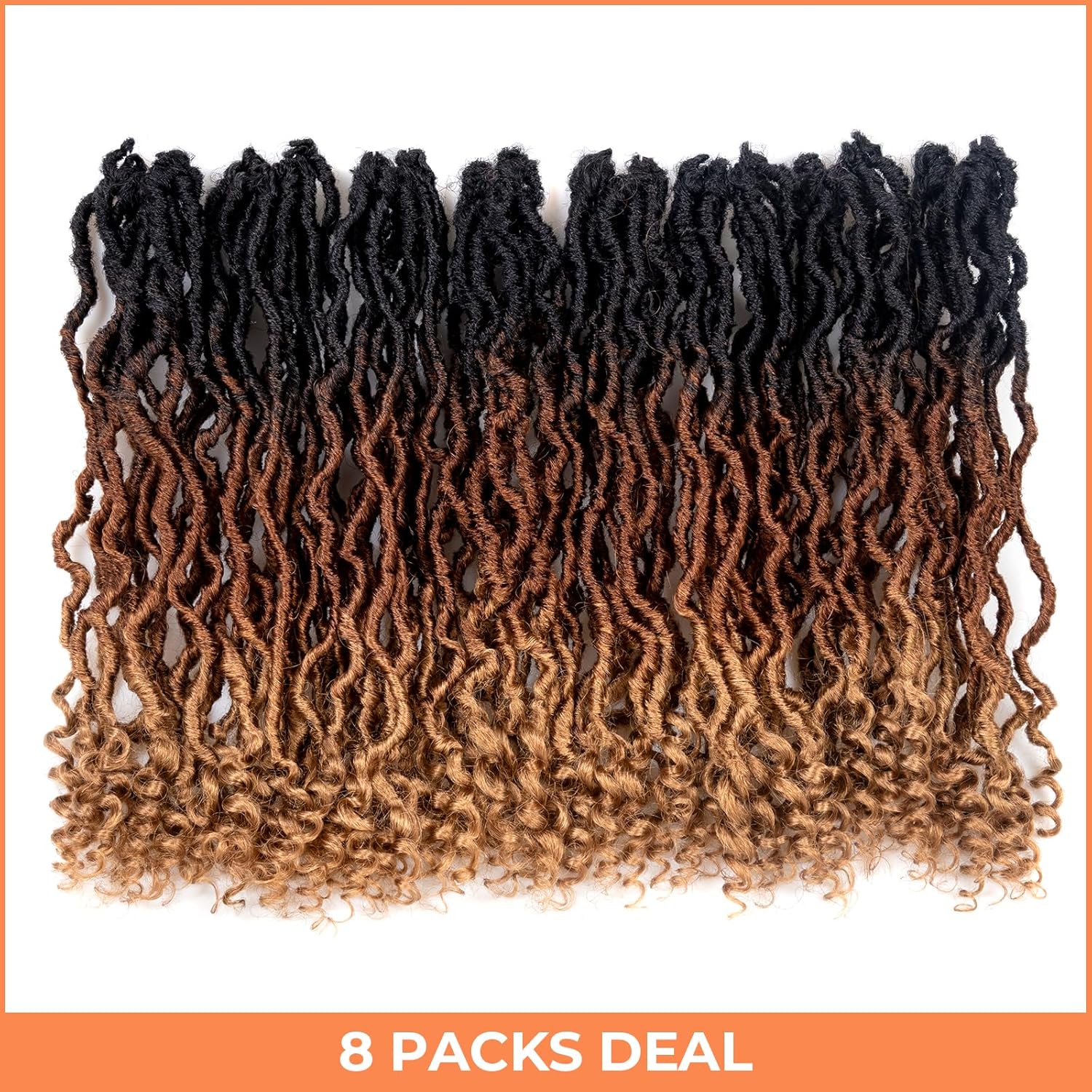 Toyotress Passion Locs – Cabello de ganchillo de 14 pulgadas, 8 paquetes de cabello sintético ombré marrón rubio con extremos rizados, extensiones