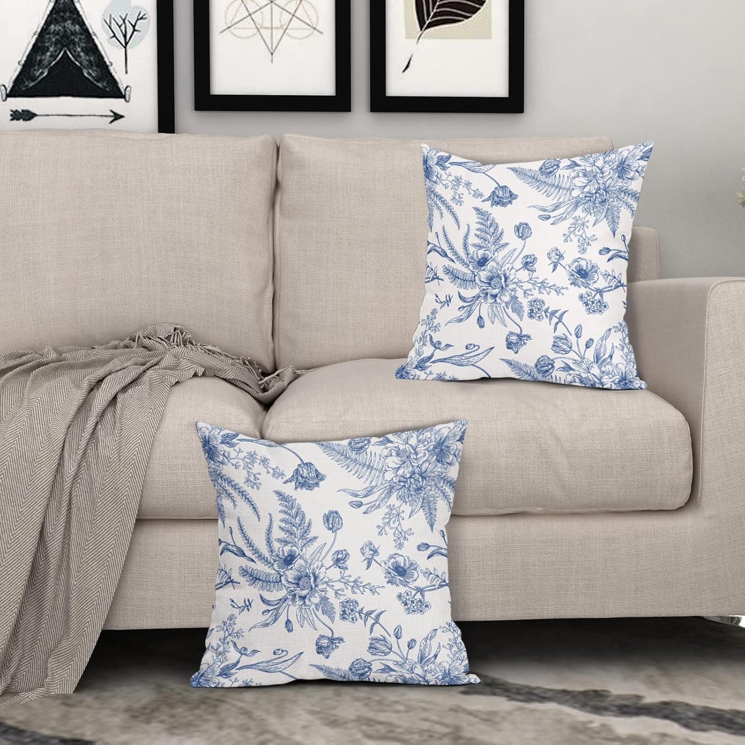 Juego de 2 fundas de almohada de flores azules de 18 x 18 pulgadas, color blanco y azul, fundas de almohada de lino decorativas para exteriores,