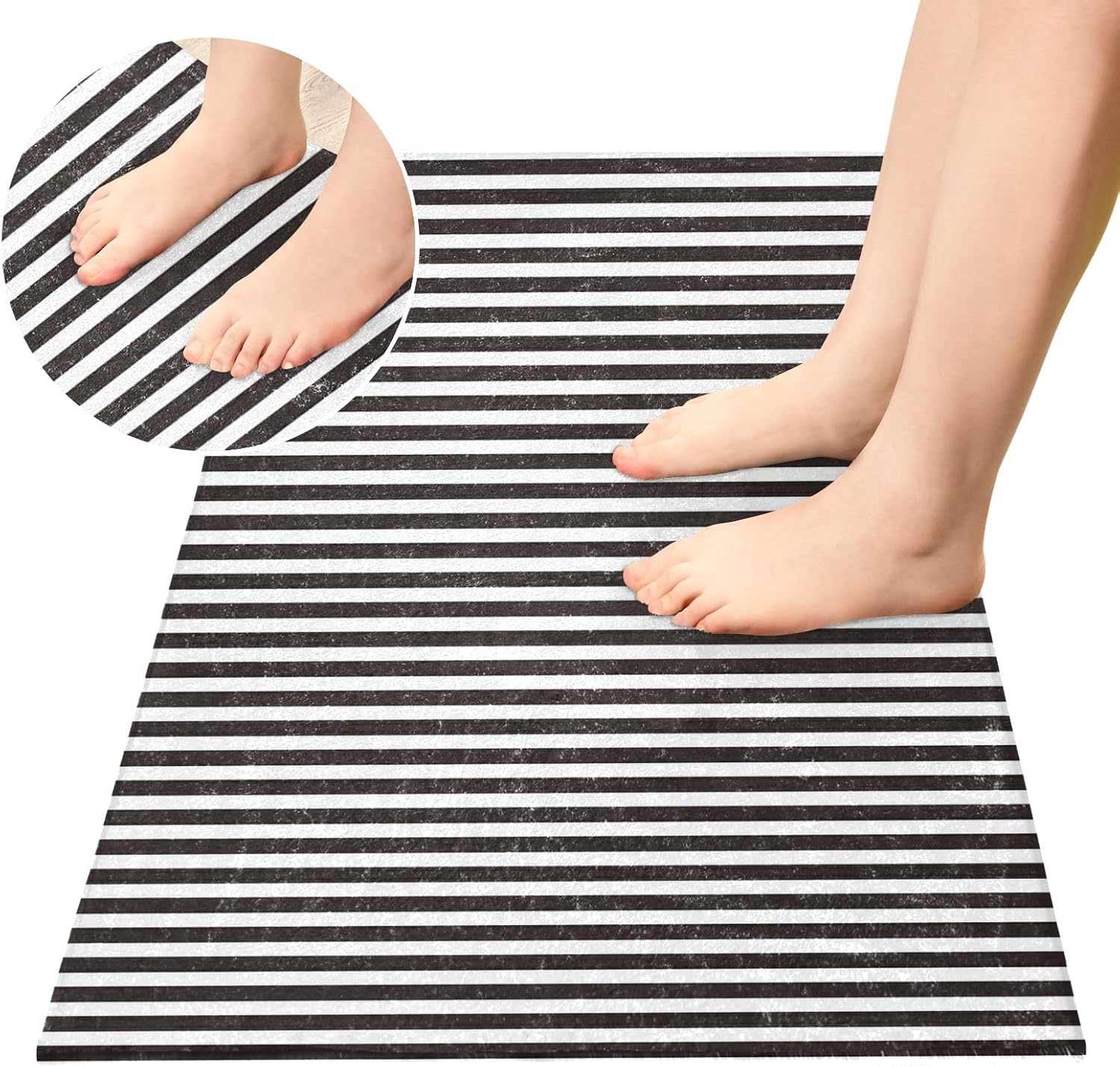 Alfombra de baño de felpa vertical en blanco y negro, alfombra de baño con parte trasera de goma antideslizante, lavable, alfombra de baño
