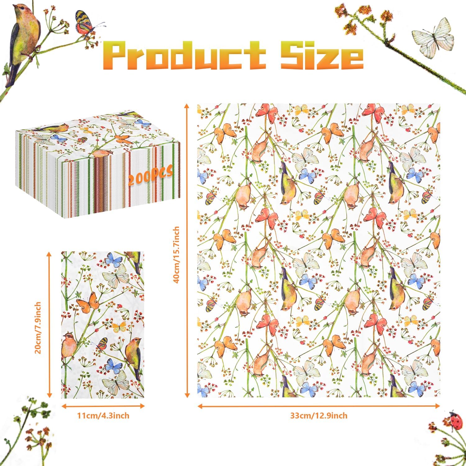 200 servilletas desechables de 3 capas desechables para baño, toallas de mano de acuarela mariposa floral decorativas servilletas de papel