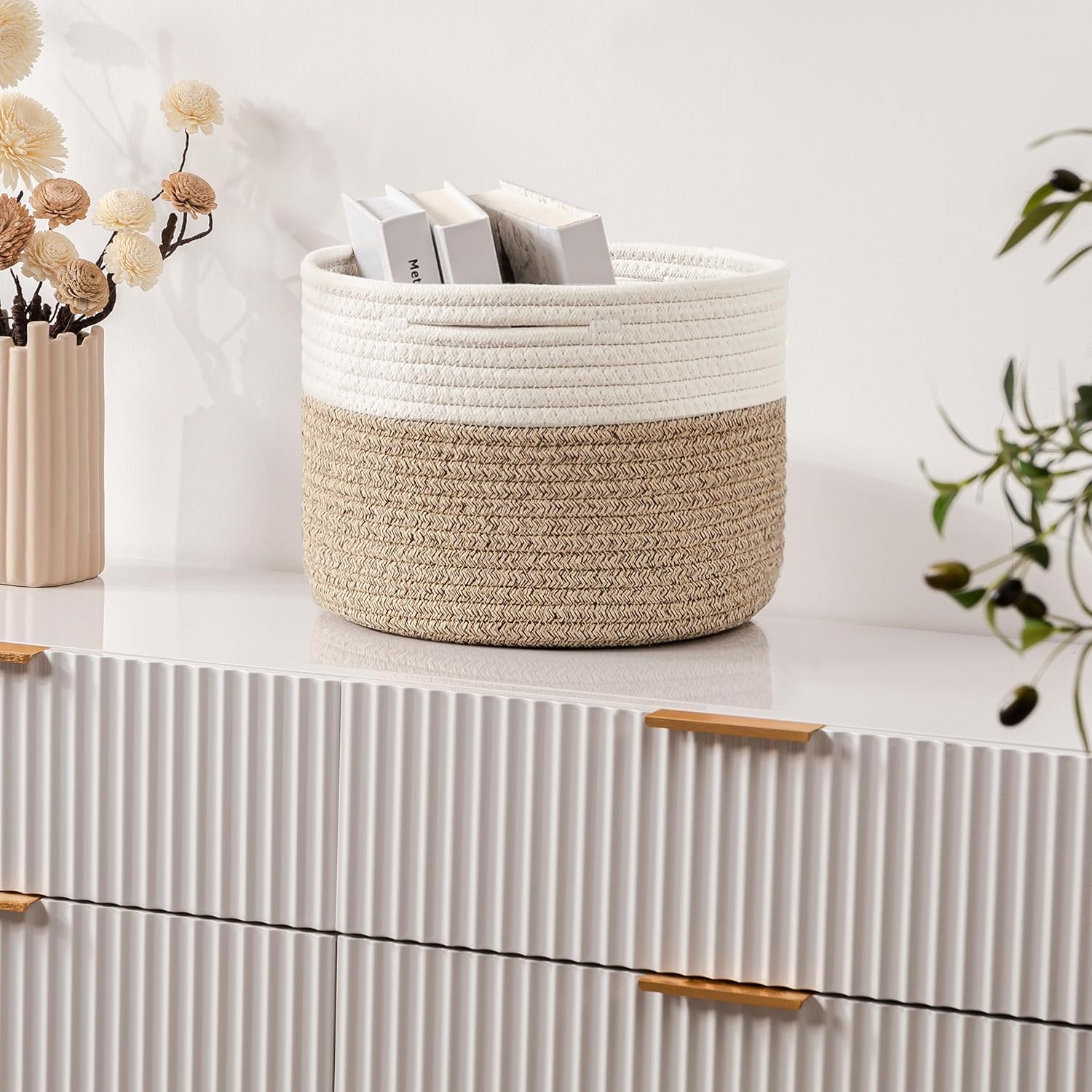 UBBCARE Cesta pequeña para organizar, cesta redonda tejida con asas, cesta de almacenamiento pequeña para decoración, cesta de cuerda de algodón