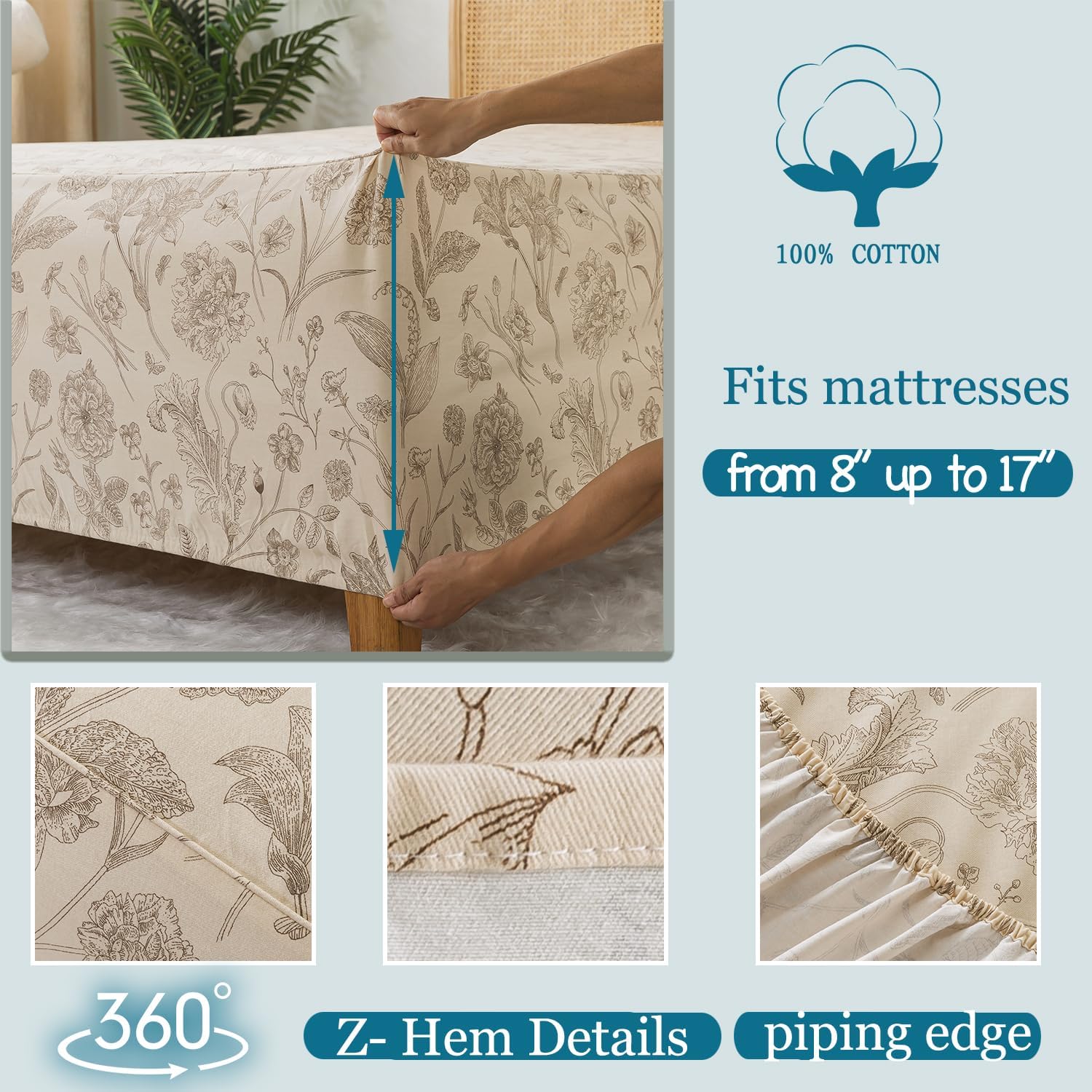 Zusbest Juego de sábanas de tamaño King de 100 % algodón percal, color beige floral, cepillado extra suave, sábanas de franela de lujo transpirable