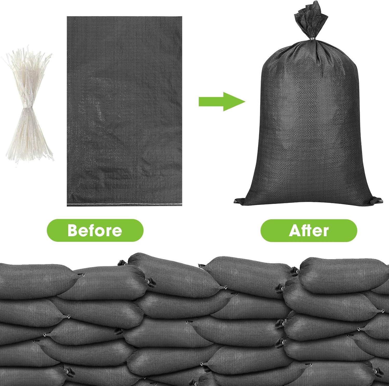 200 bolsas de arena vacías resistentes con lazos, bolsas de arena de polipropileno tejido, bolsa de arena a granel para inundaciones, 16 x 26
