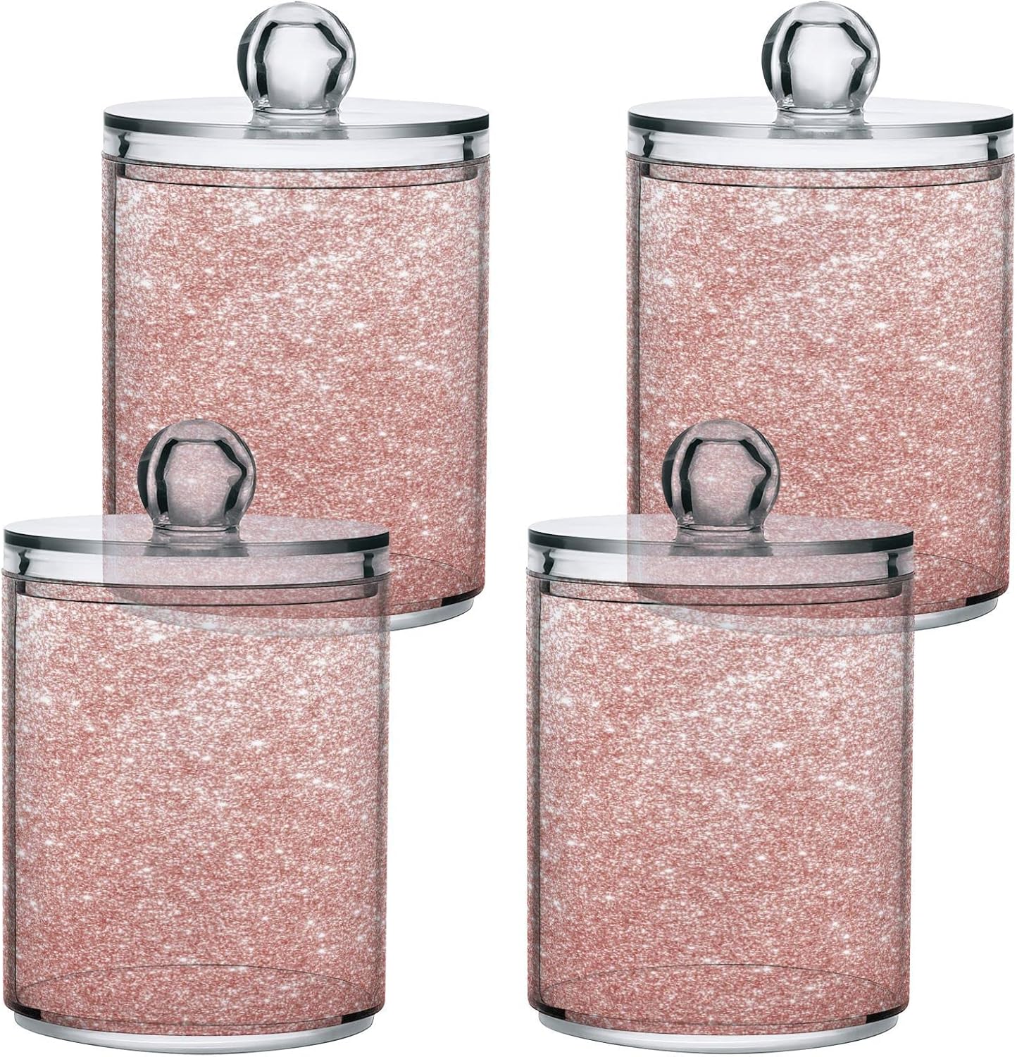 Dispensador de soporte Qtip de oro rosa brillante con tapas, 2 unidades, juego organizador de almacenamiento de baño de 14 onzas, tarros de
