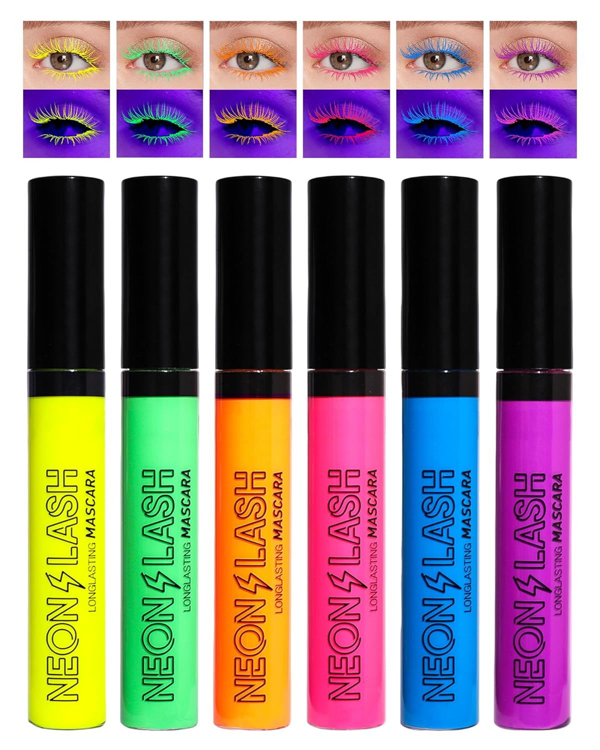 Máscara de pestañas de neón para pestañas, 6 unidades, brillo UV, color luz negra, volumen y longitud, impermeable, a prueba de manchas, larga