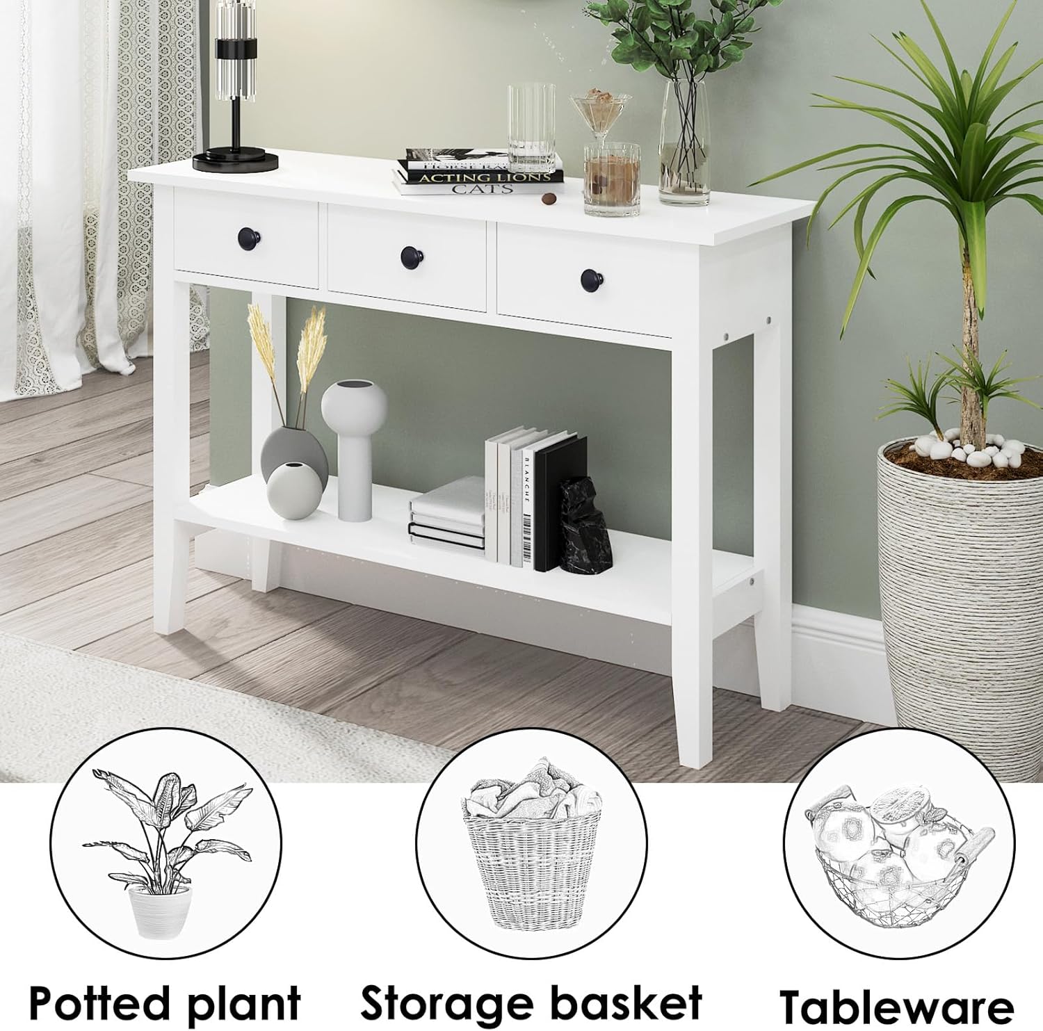 SogesHome Mesa consola de 2 niveles para entrada, mesa blanca para sofá, mesa de entrada con 3 cajones para sala de estar, pasillo, baño (39.37