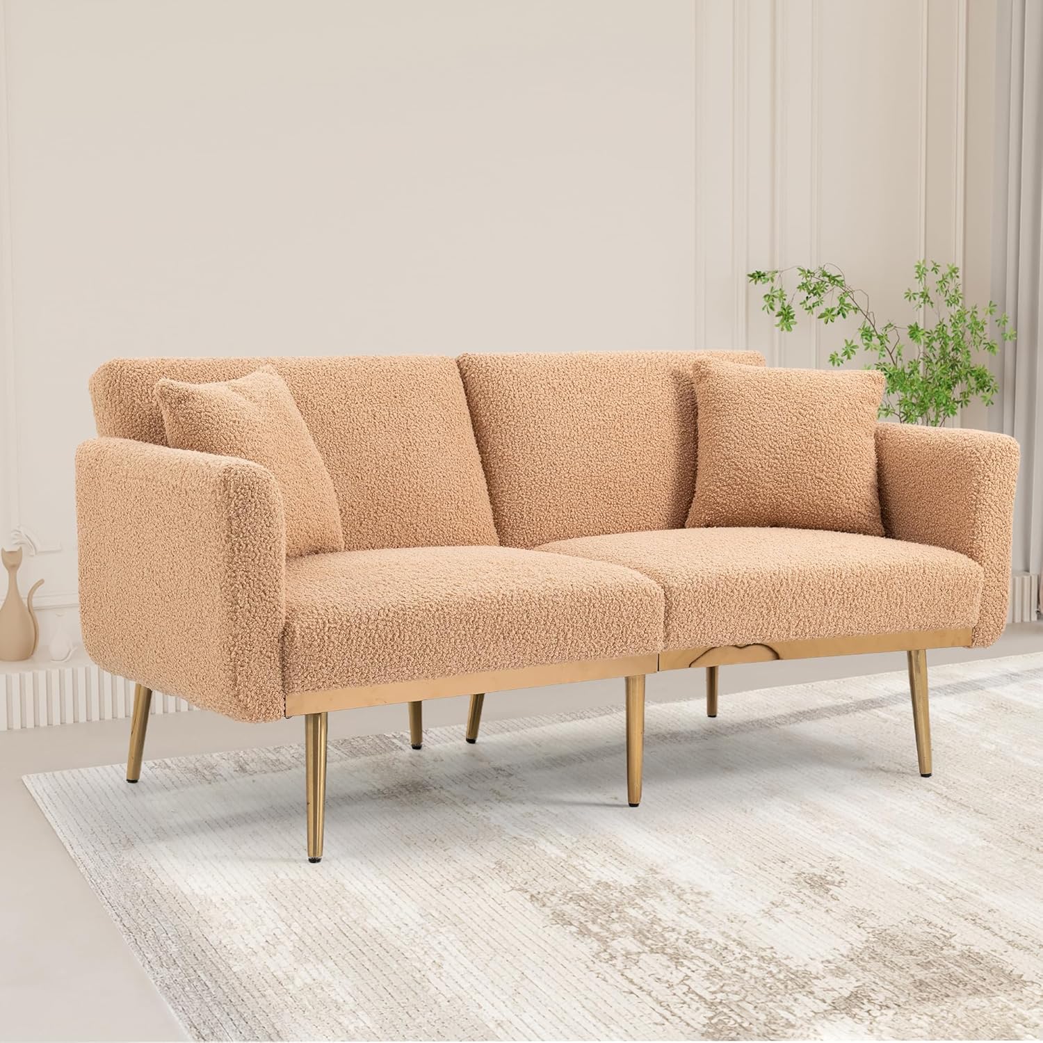 Kakotito Sofá biplaza de terciopelo moderno de mediados de siglo, sofá pequeño con 7 patas de metal dorado (Camel Teddy)