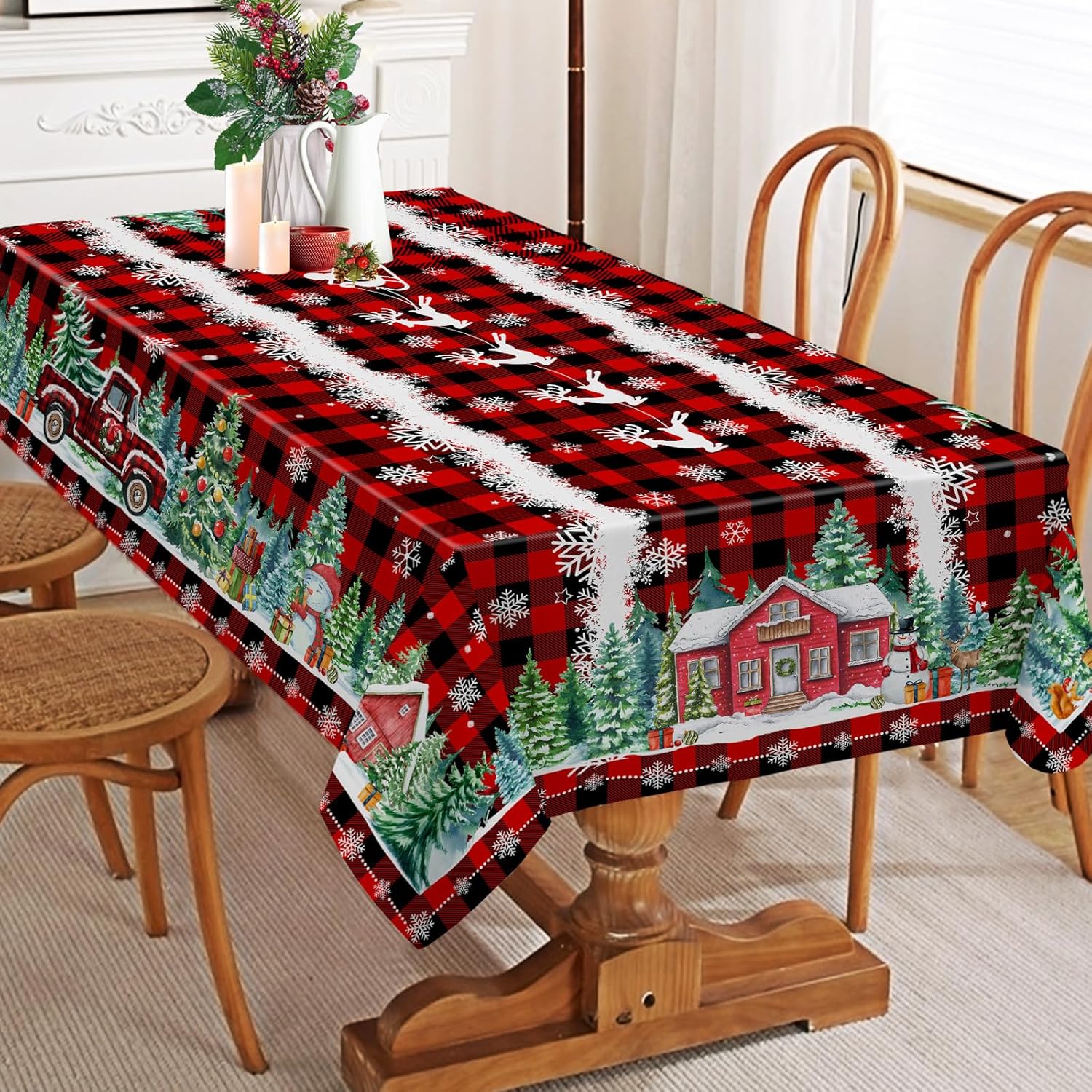 Mantel de Navidad de 52 x 70 pulgadas, mantel rojo navideño para mesas rectangulares, decoración navideña de camión rojo para el hogar, decoración
