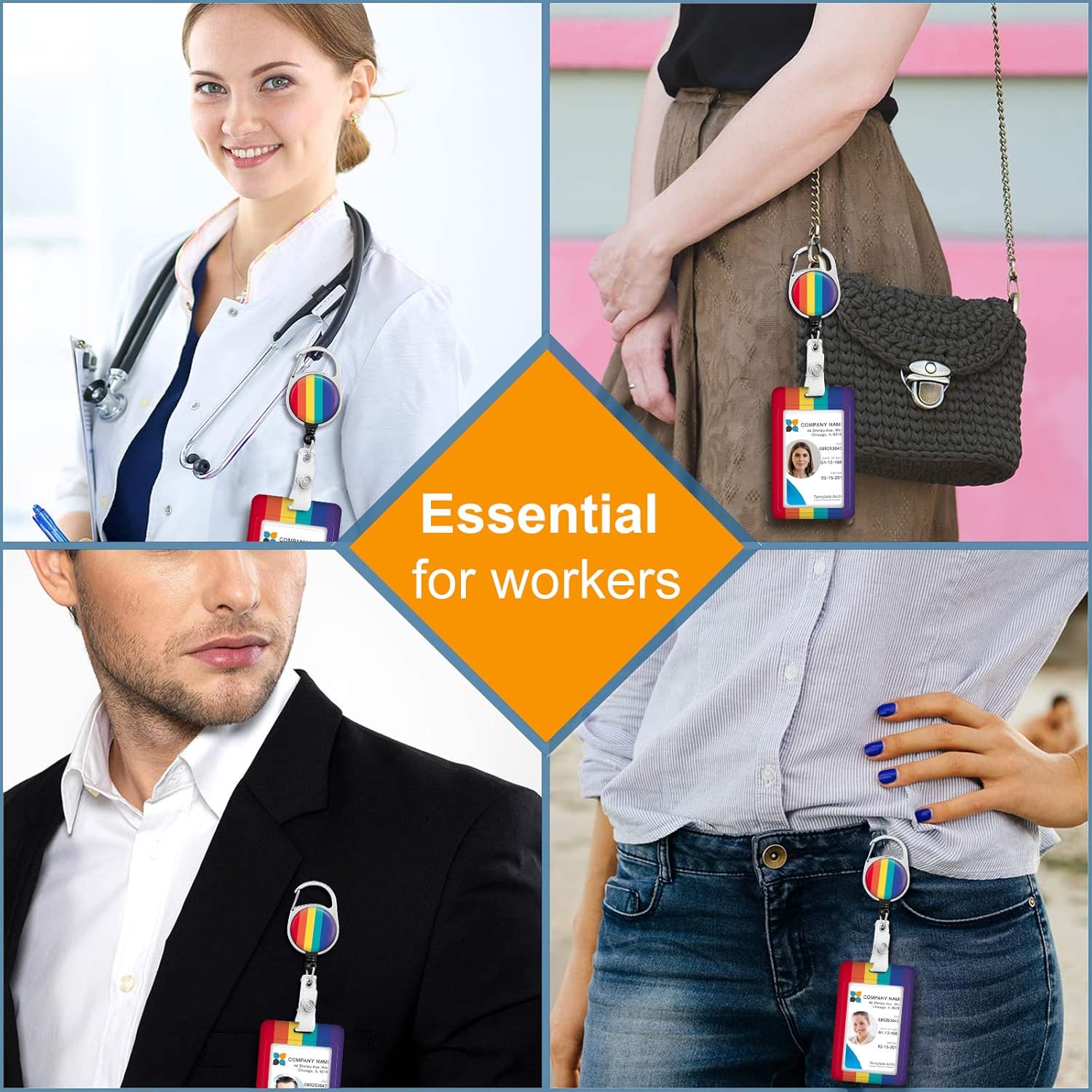 Plifal Portatarjetas con carrete retráctil, etiqueta de identificación de arco iris, clip de insignia de trabajo, colorido, resistente, vertical,