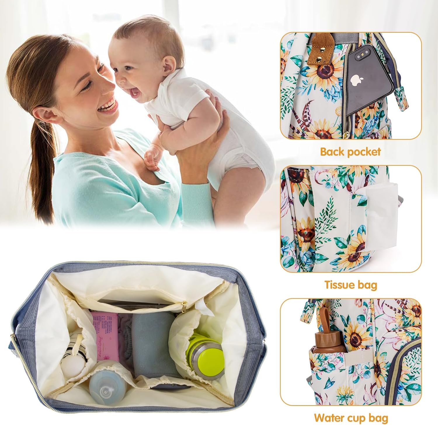 Bolsa de pañales Mochila multifunción para cambiadores de bebé, mochila grande para pañales, chrysanthemum, Classic