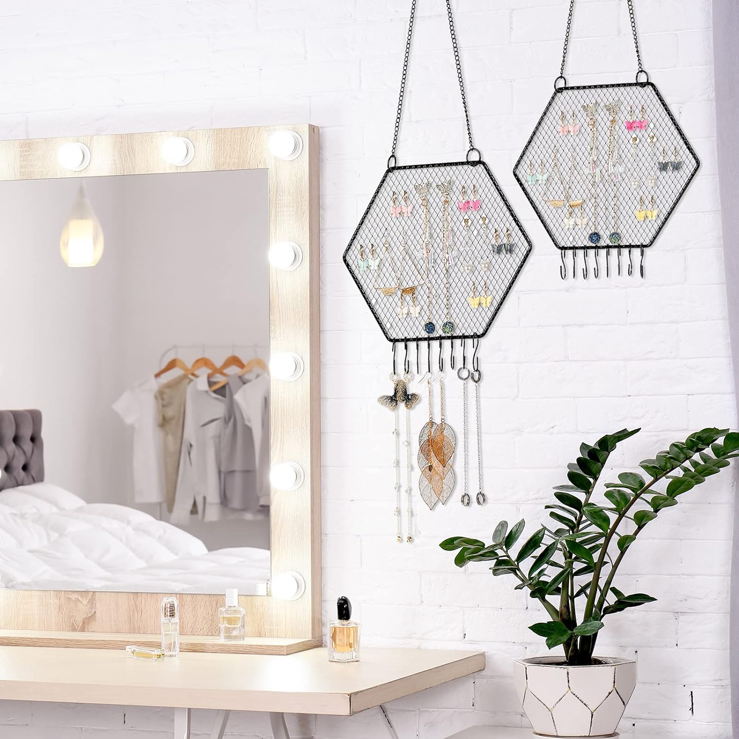 2 soportes de pared para aretes de pared, organizador de aretes colgantes, soporte decorativo con forma de cuadrícula de diamante, estante de