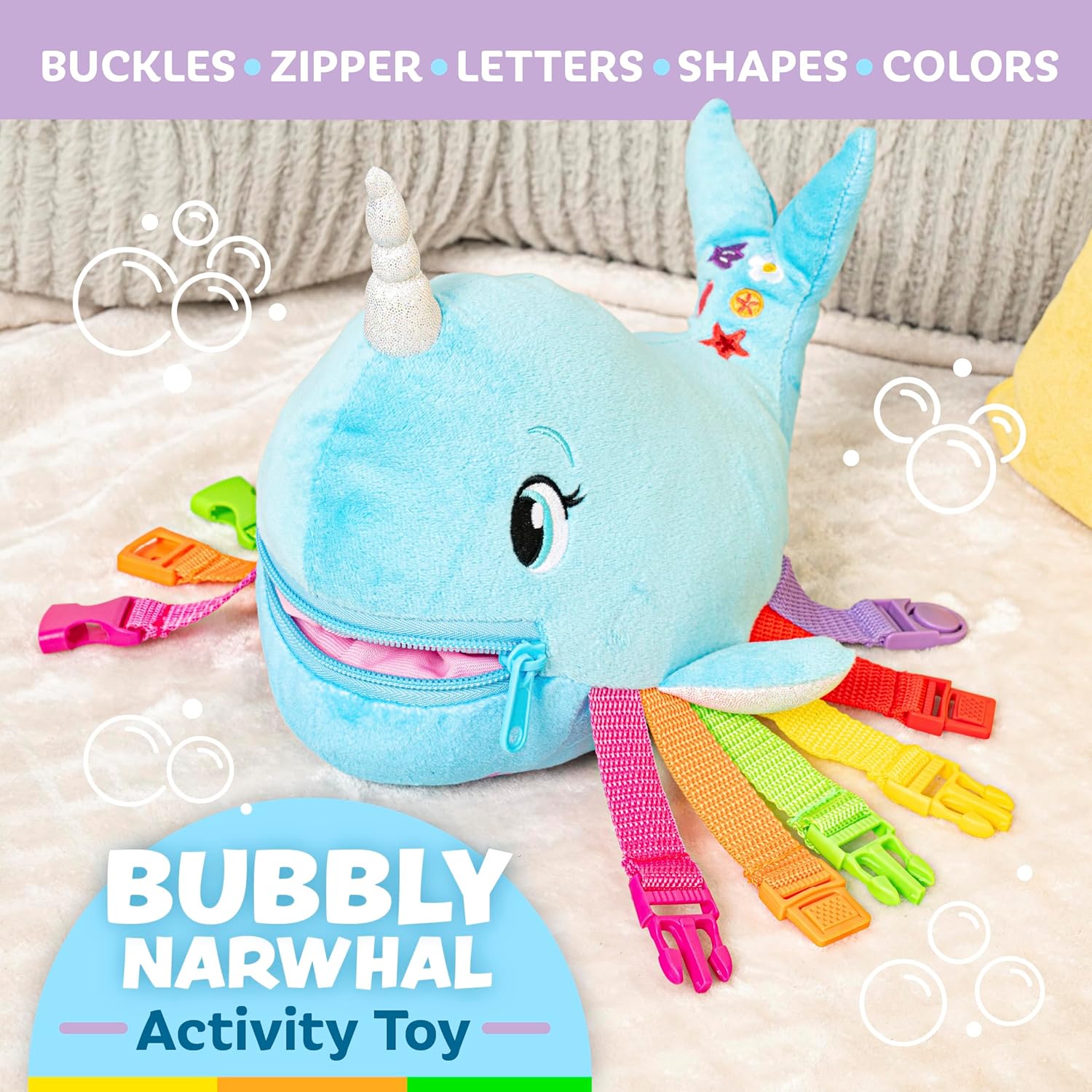 Buckle Toys – Narval burbujeante – Desarrolla habilidades motoras finas – Juguetes de actividad de aprendizaje sensorial – Esencial de viaje en