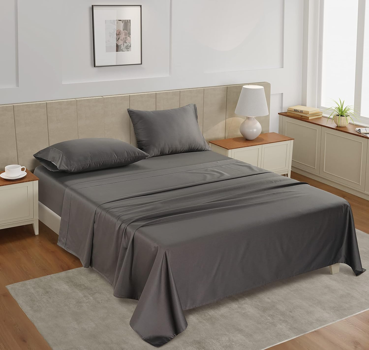 LANE LINEN – Sábanas tamaño California King, 450 hilos, 100% algodón, refrescantes, transpirables, con bolsillo profundo, 4 piezas, color carbón