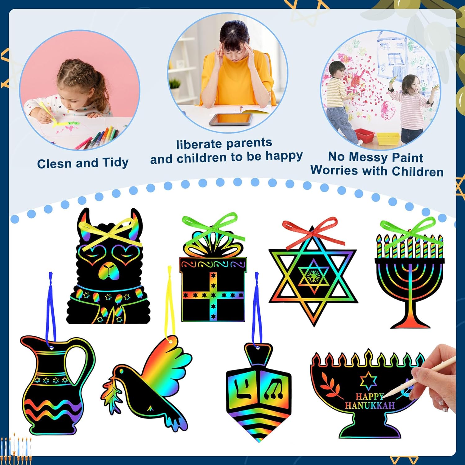 JULMELON Hanukkah Scratch Art, 36 piezas de kits de manualidades de Hanukkah para niños, arte mágico de rayar, adornos colgantes de Janucá, papel