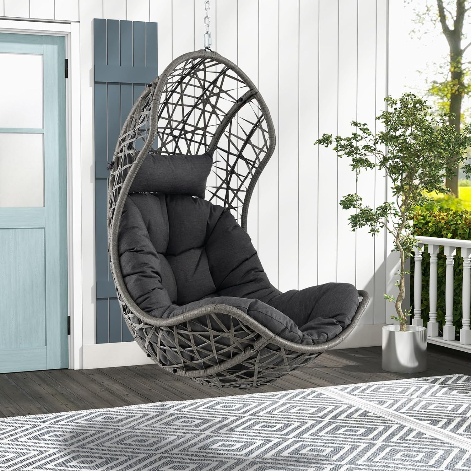 Giantex Swing Egg Chair Outdoor – PE Rattan Hammock Chair with Soft Pillow, Cushion, Metal Frame, Hanging Accessories, Indoor Basket Chair for