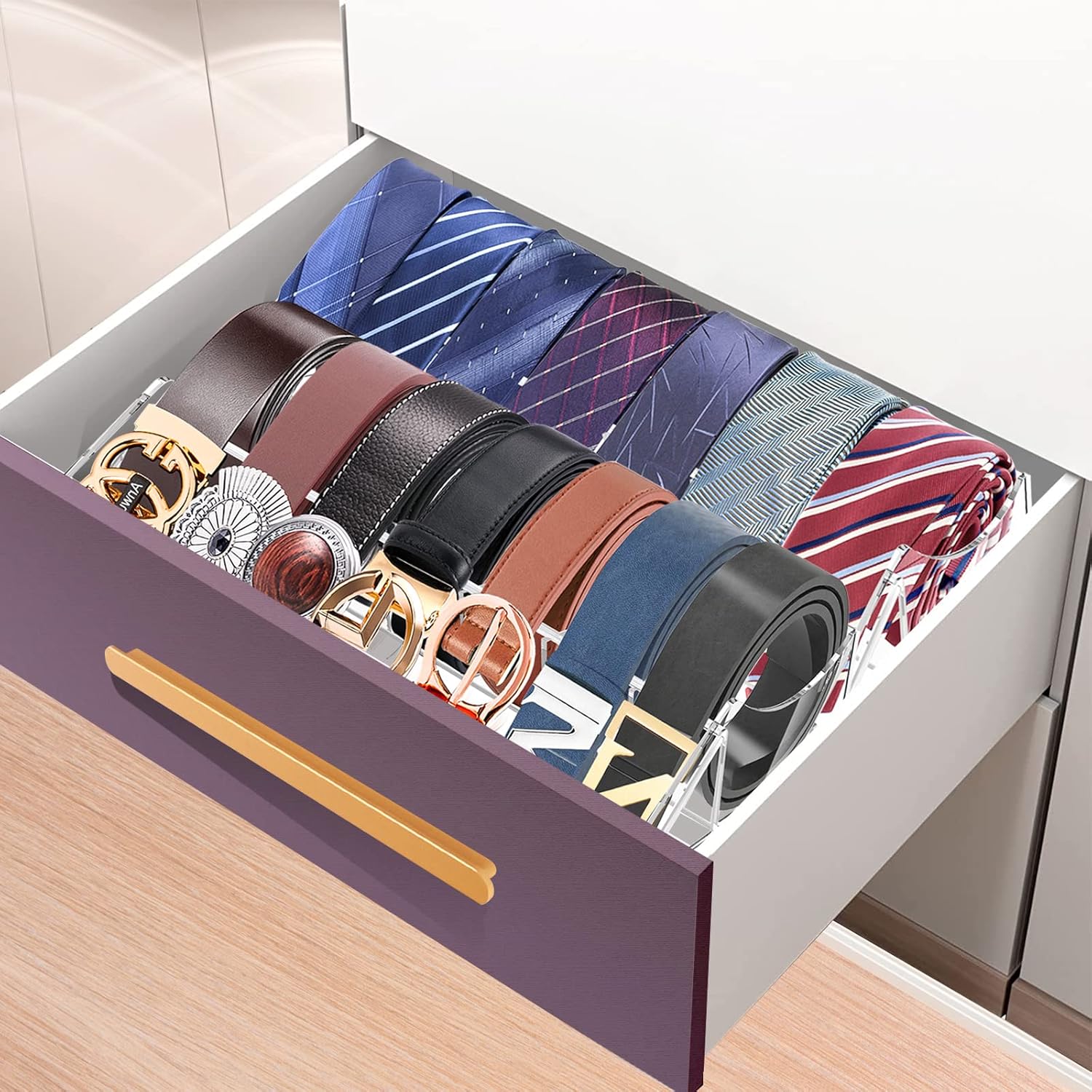 Acrylic Belt Organizer, FODIENS 7 Compartments Belt Storage Holder for Closet Drawer, Clear Belt Box Container Display Case with Display Stand for