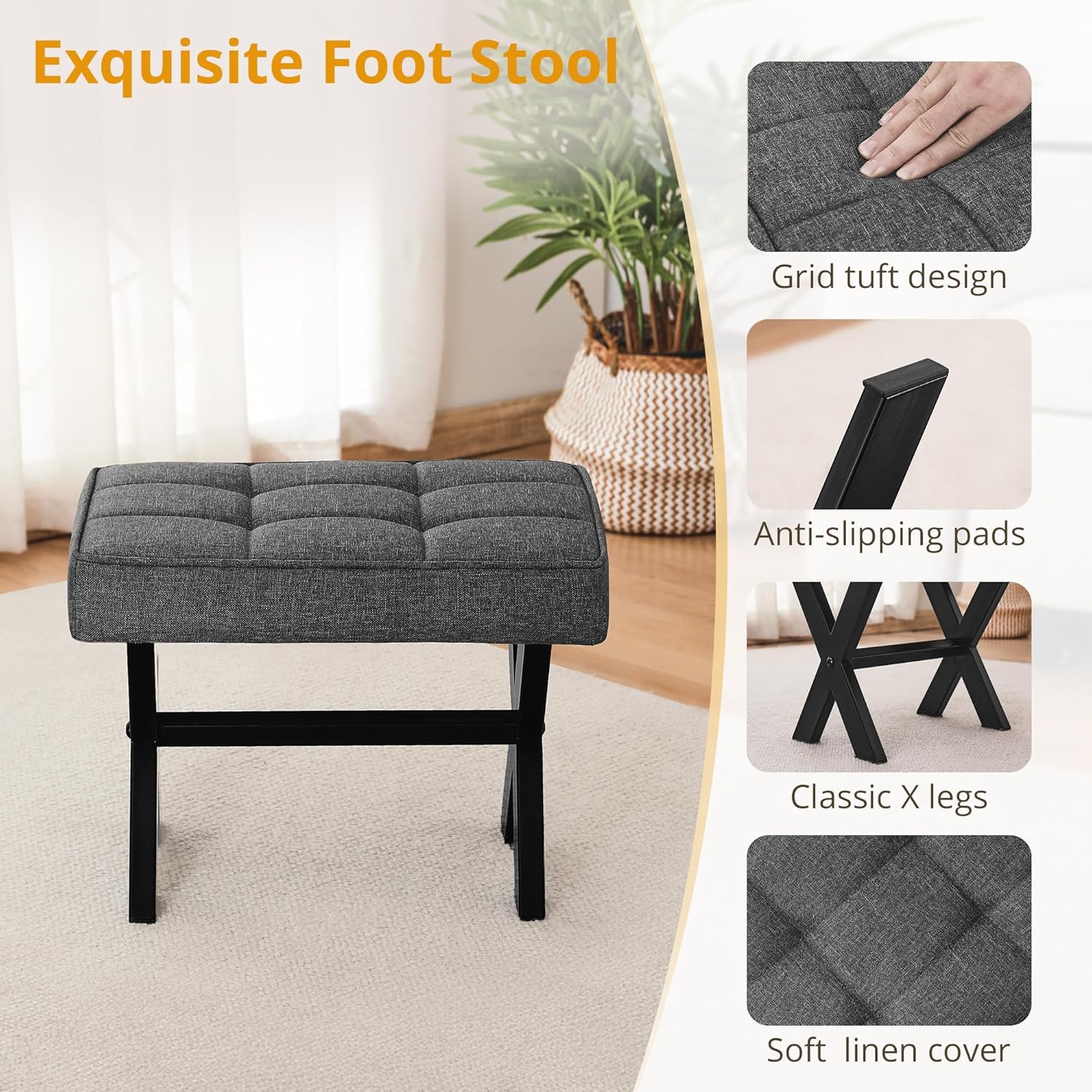 LUE BONA Taburete para pies, taburetes pequeños de 12 pulgadas de alto, reposapiés de lino resistente con patas en X de metal, reposapiés acolchado