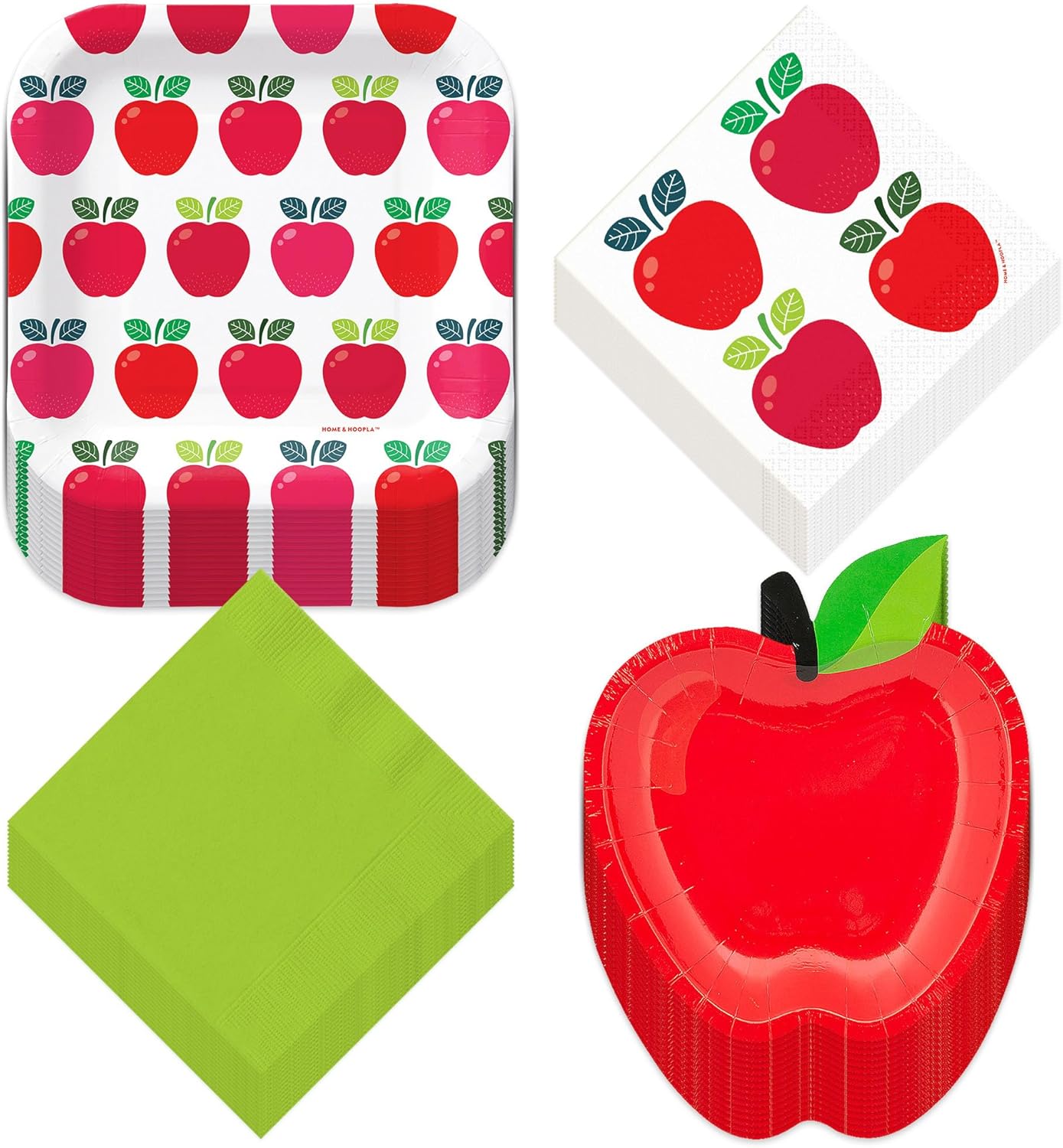 Apple Party Mix – Platos cuadrados de postre de papel, platos de aperitivo en forma de manzana y servilletas para bebidas (32 platos y 32