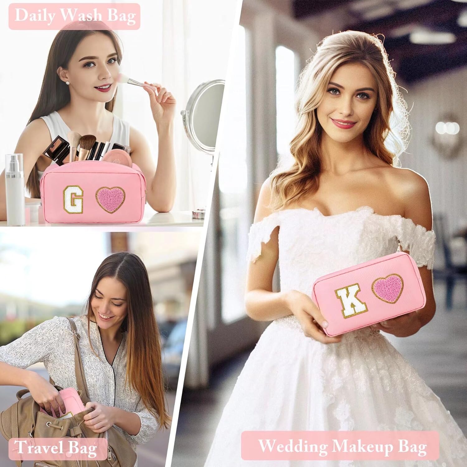 Neceser de cosméticos con letras de chenilla, bolsa de maquillaje inicial, bolsa de cosméticos de nailon impermeable, bolsa de maquillaje rosa,
