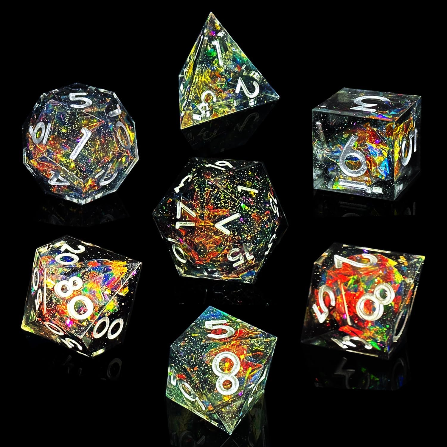 HAOMEJA D&D – Juego de dados de resina para juegos de rol de borde afilado, 7 piezas, con bolsa de dados de ojo de dragón, dados poliédricos de