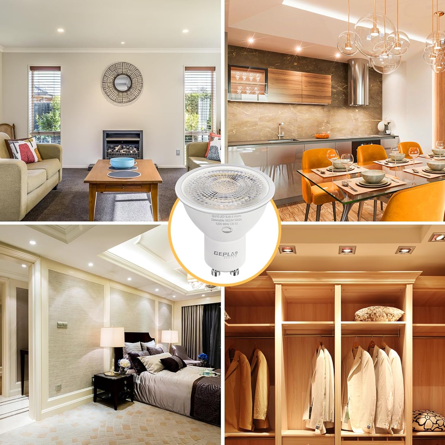 Paquete de 12 bombillas LED GU10 de luz diurna 5000 K, 6 W 582 LM regulables GU10 de dos puntas, reemplazo halógeno de 50 W, iluminación de pista,
