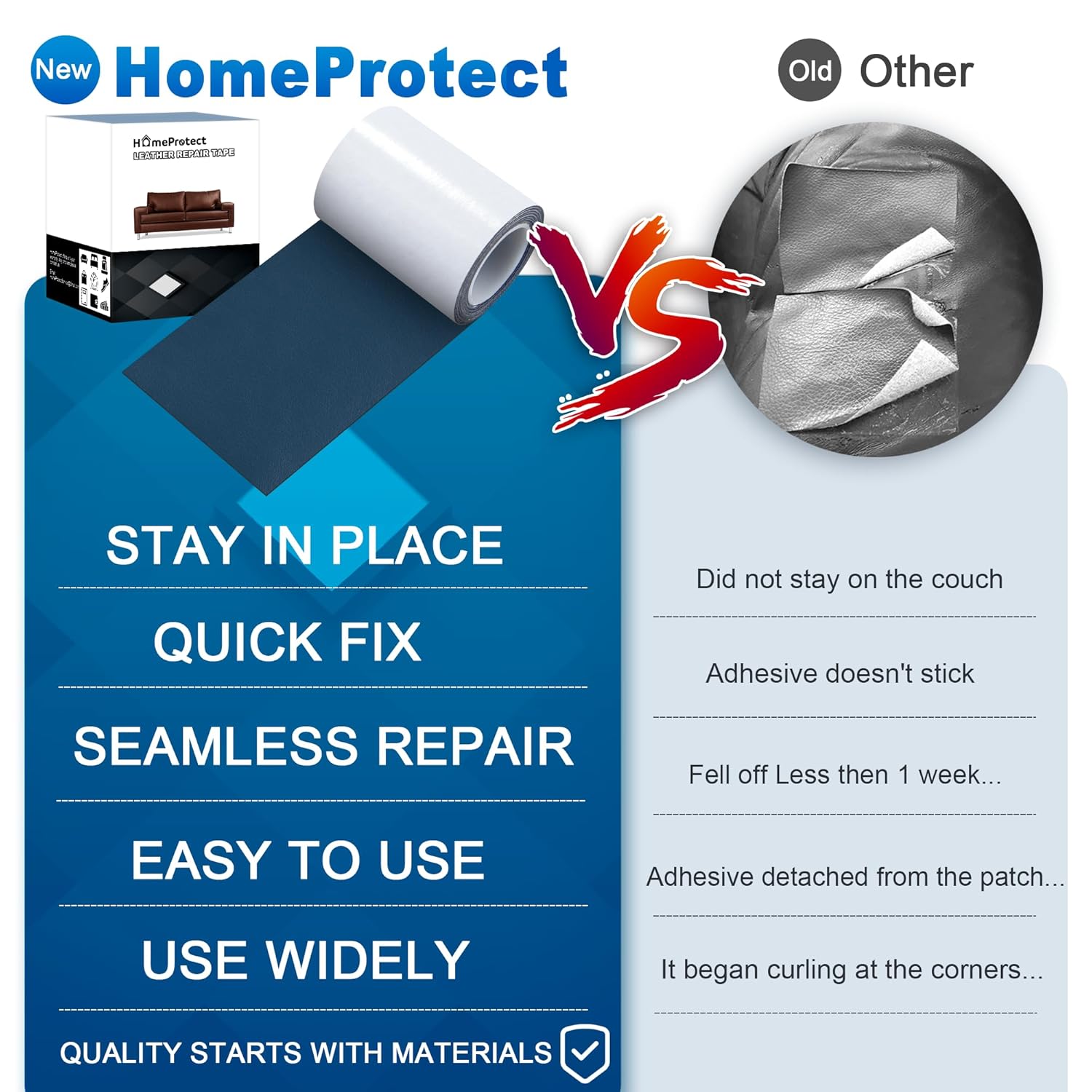 HomeProtect Parche para reparación de cuero, kit de cinta para reparación de cuero, 3.15 x 65 pulgadas, parche autoadhesivo azul de 4 capas para