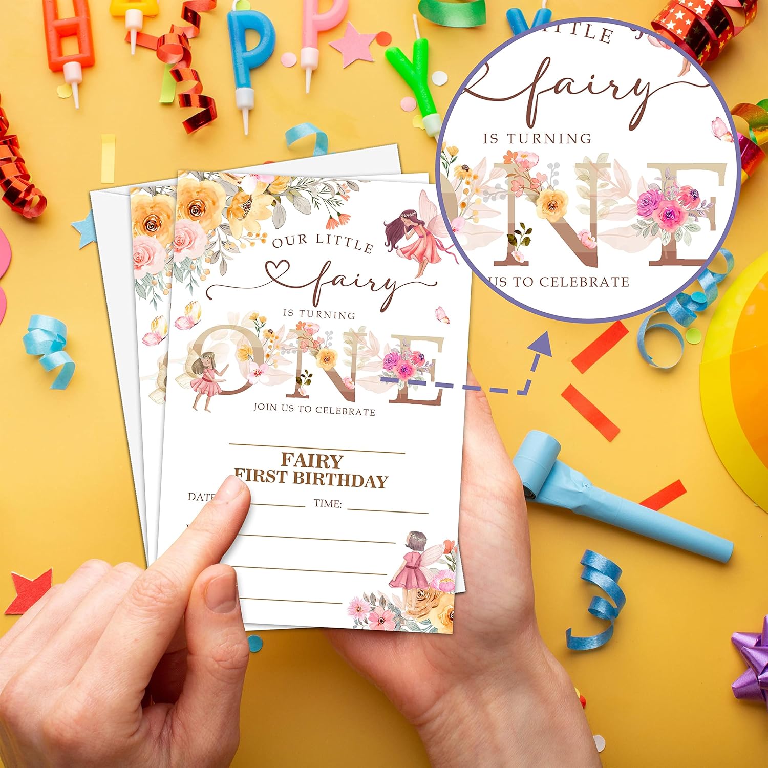 Invitación de fiesta de primer cumpleaños de hada, invitaciones de relleno con temática de hadas de jardín, 20 invitaciones florales con sobres para